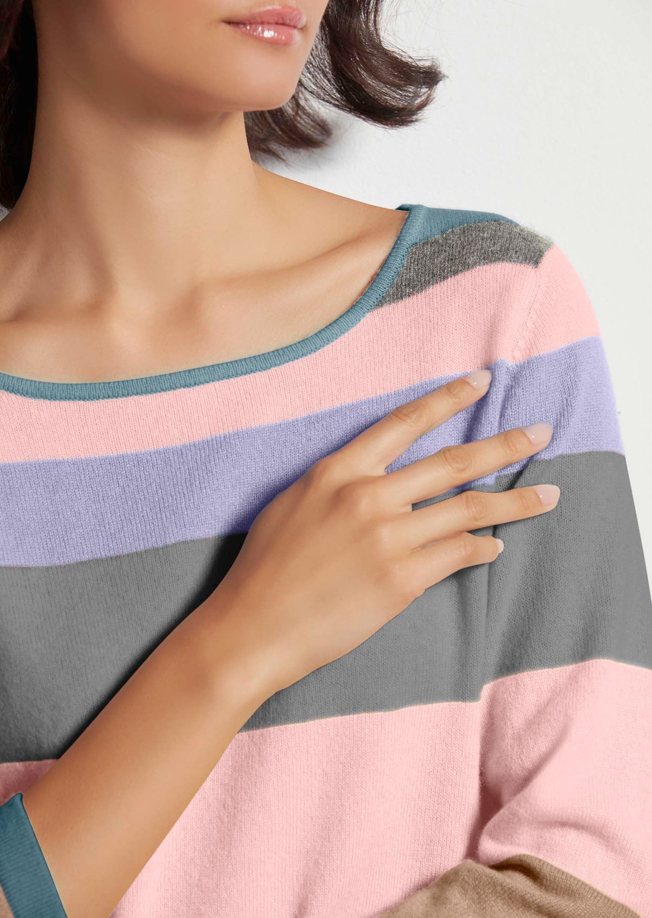 MADELEINE Strickpullover Moderner Streifenpullover mit U-Boot-Ausschnitt Wollpullover im Streifen-Design mit 3/4-Ärmeln