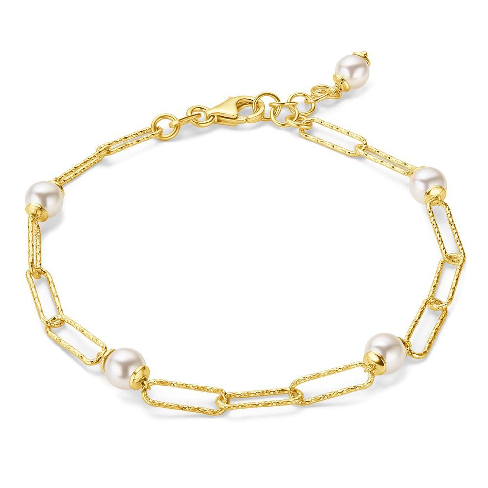 Miore Perlenarmband TA001SB - mit 5 Perlen - 925 Sterling Silber vergoldet 18Kt Gelbgold, Paperclip Perlenarmband 17 cm Länge + 2 cm Extension