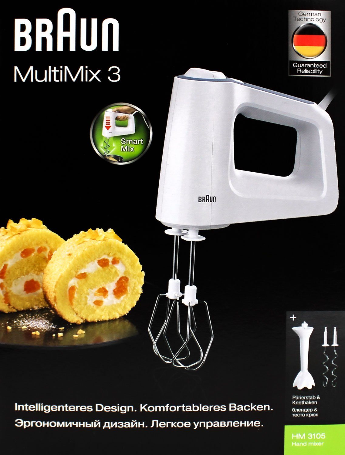 Braun Handmixer Multimix 3 HM sind Turbo-Funktion, WH, 500 Geschwindigkeitsstufen, und 5 W, Rührbesen 3105 spülmaschinengeignet Knethaken