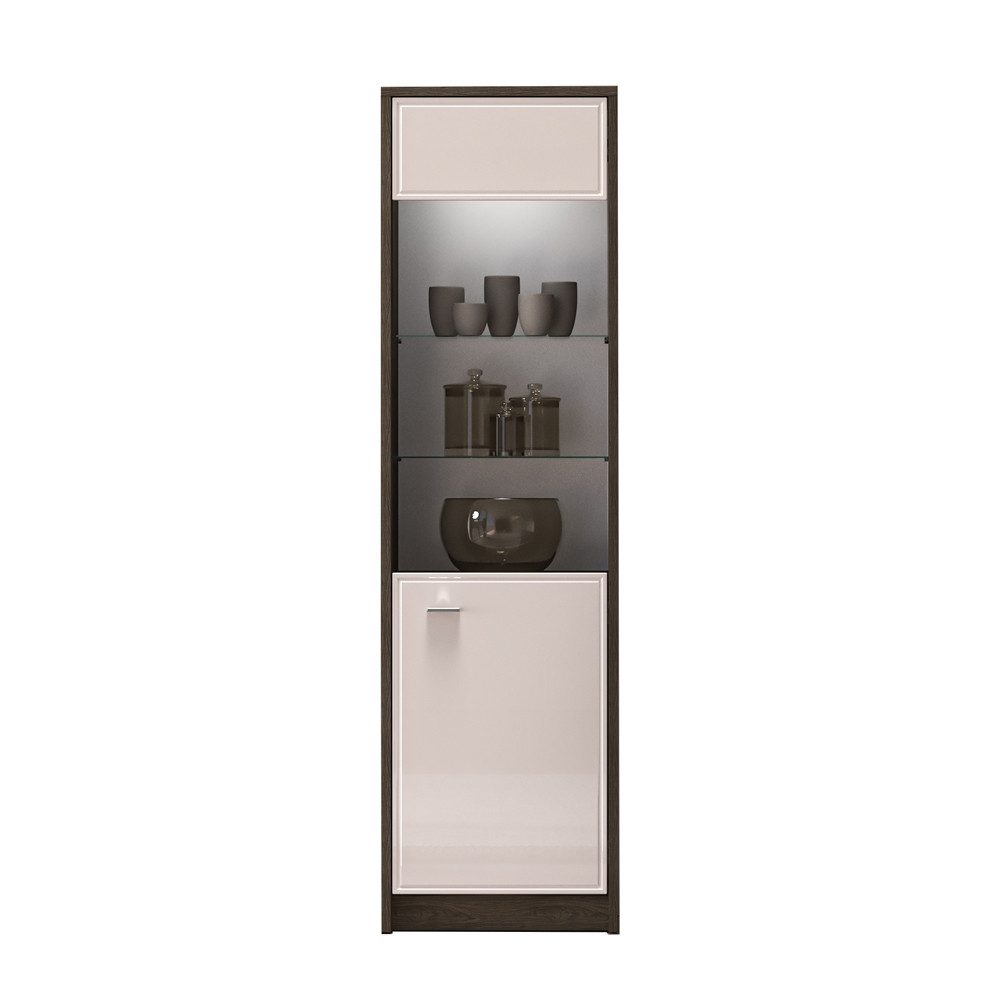 Lomadox Vitrine ALESSANDRIA-131 in Beige Hochglanz mit Eiche, inkl. LED Beleuchtung