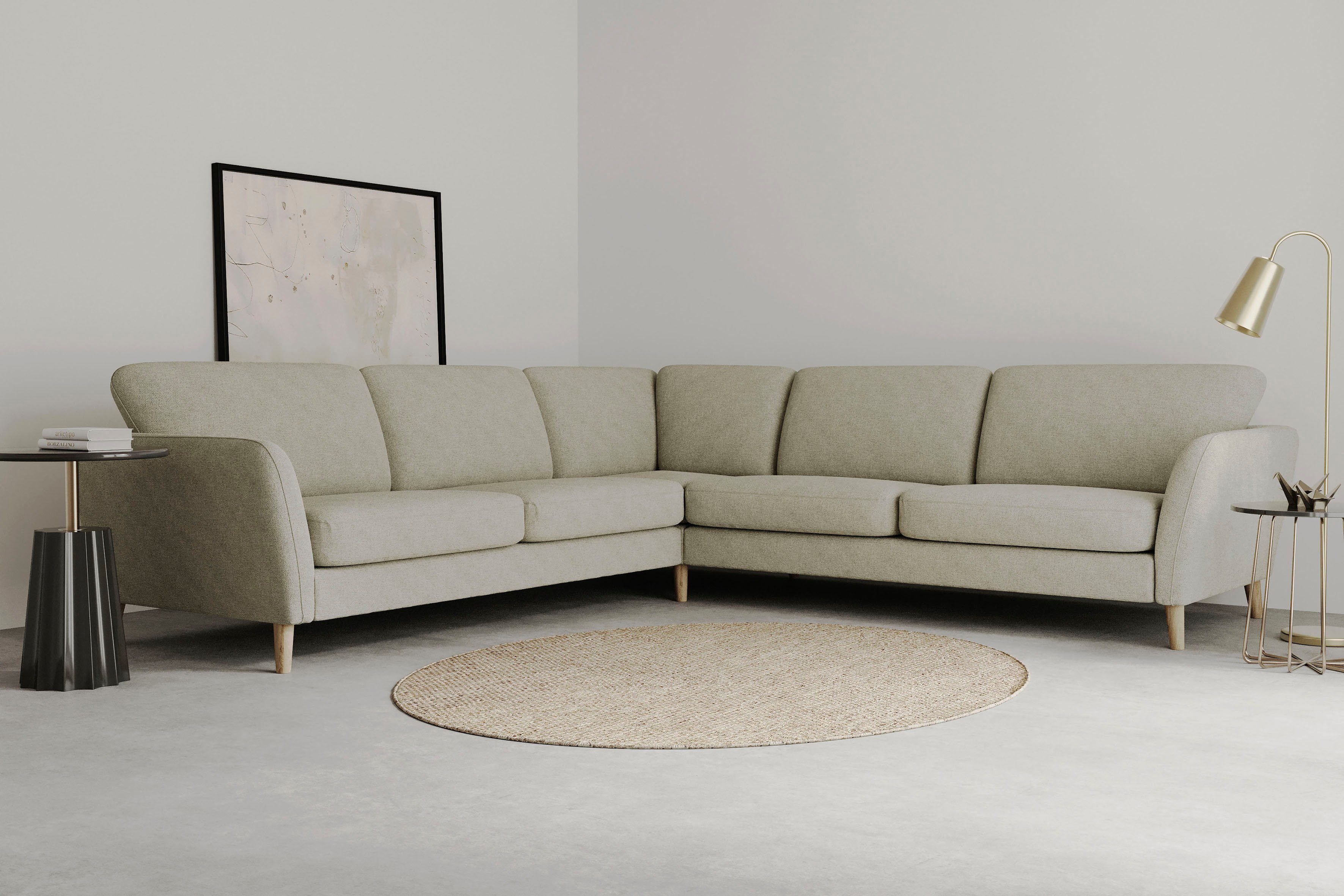 Home affaire Ecksofa MARSEILLE 278/278 cm, L-Form, Webstoff, Flachgewebe, Filzoptik, gleichschenklig, Massivholzbeine, Landhausstil, Wellenunterfederung