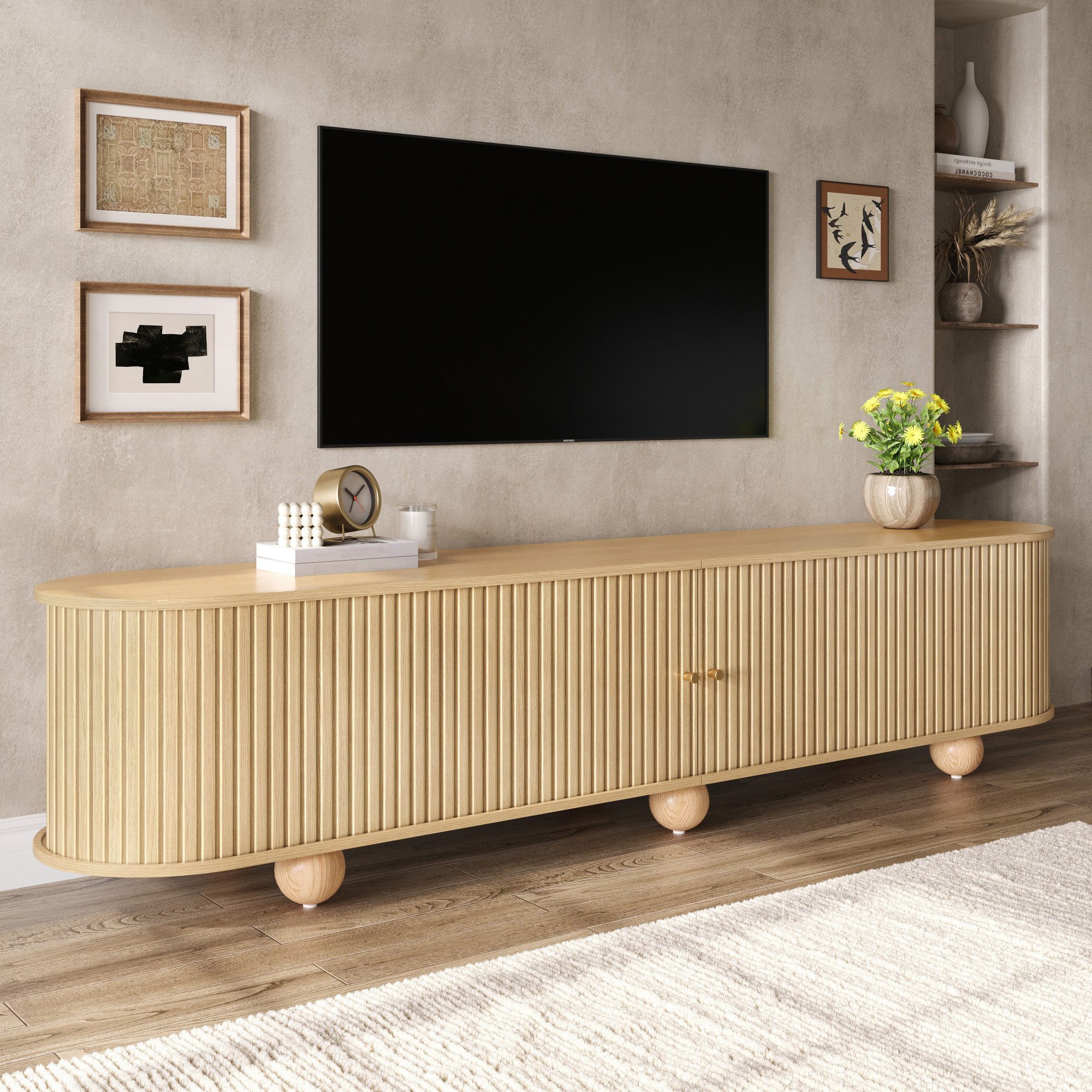 Merax Lowboard im Retro-Design, TV Möbel mit vertikal geriffelten Türen (1 St), TV Schrank mit Schiebetüren, Kugelfüßen & Stauraum, 180×35×45cm