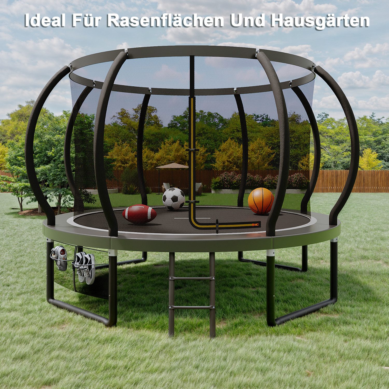 GUNJI Gartentrampolin Basketballkorb-Trampolin, Durchmesser 228/305 cm, Kindertrampolin, Ø 228 cm, (Enthält Leiter, Sicherheitsnetz, Schuhnetz, 360°-Schutzgitter und Fallschutzmatte, mit einer Tragkraft von 150 kg-ostern geschenke)