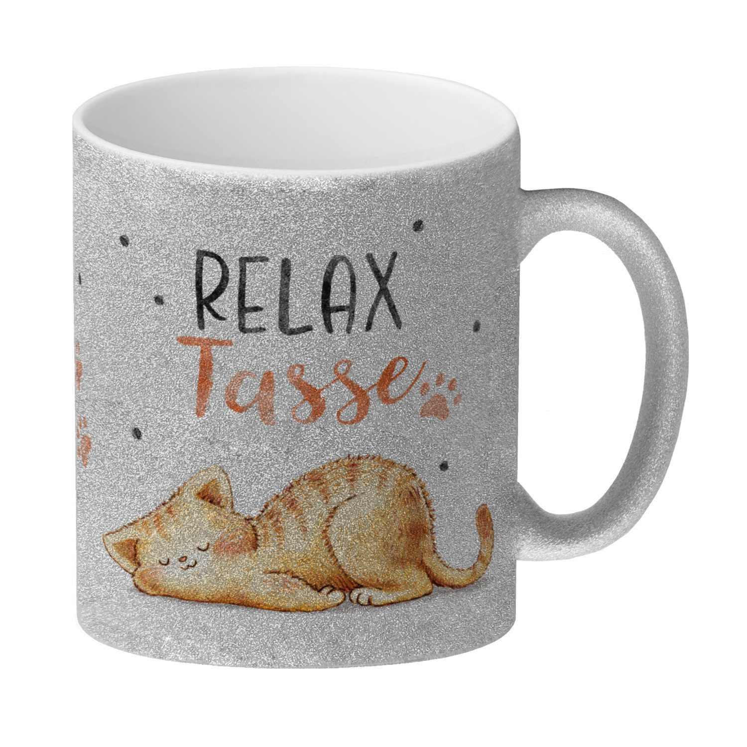 Tasse Relaxte Katze Glitzer-Kaffeebecher mit Spruch Relax Tasse