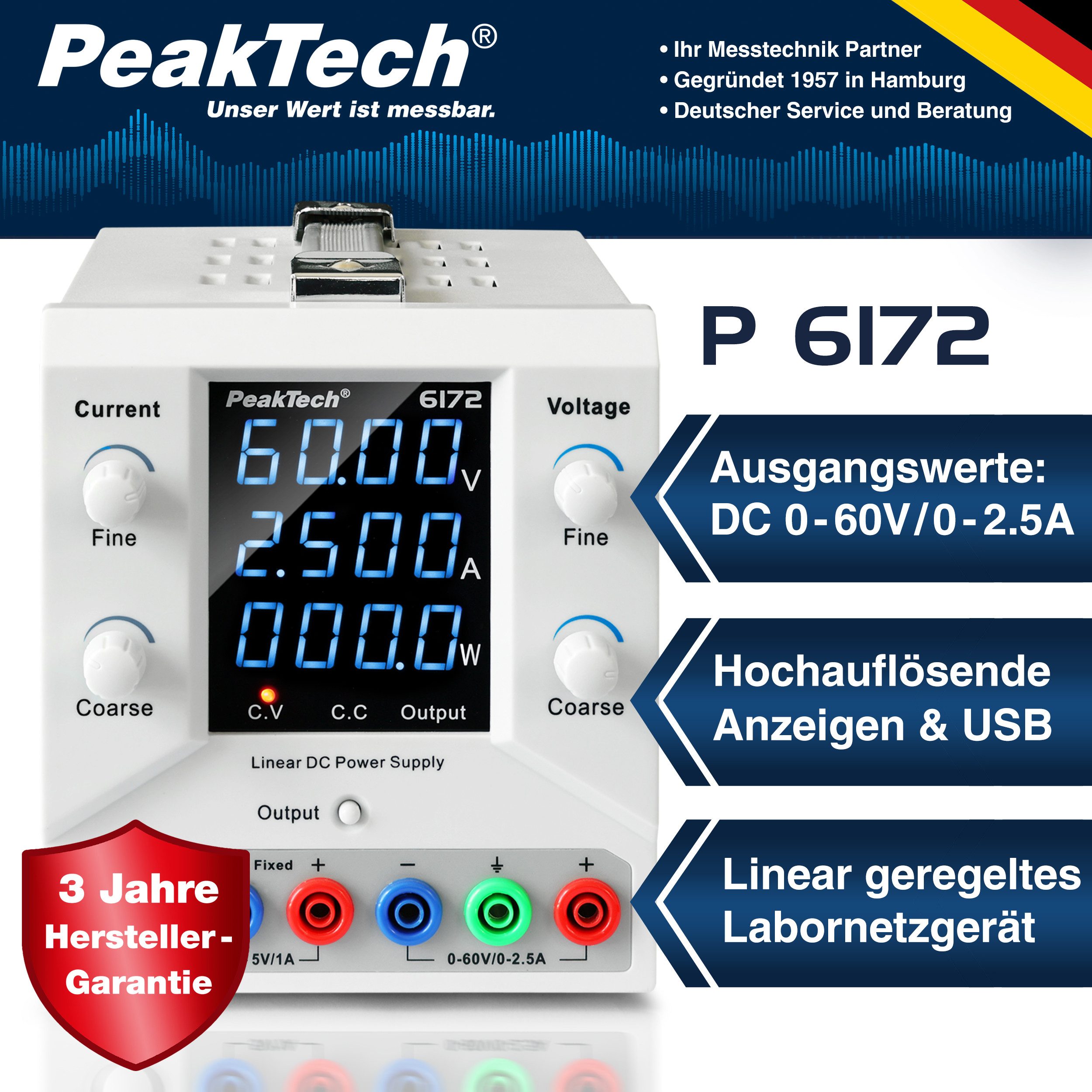 PeakTech 60 V 5 A DC Labornetzteil 0–60 V/0–2,5 A SELV, linear Labor-Netzteil