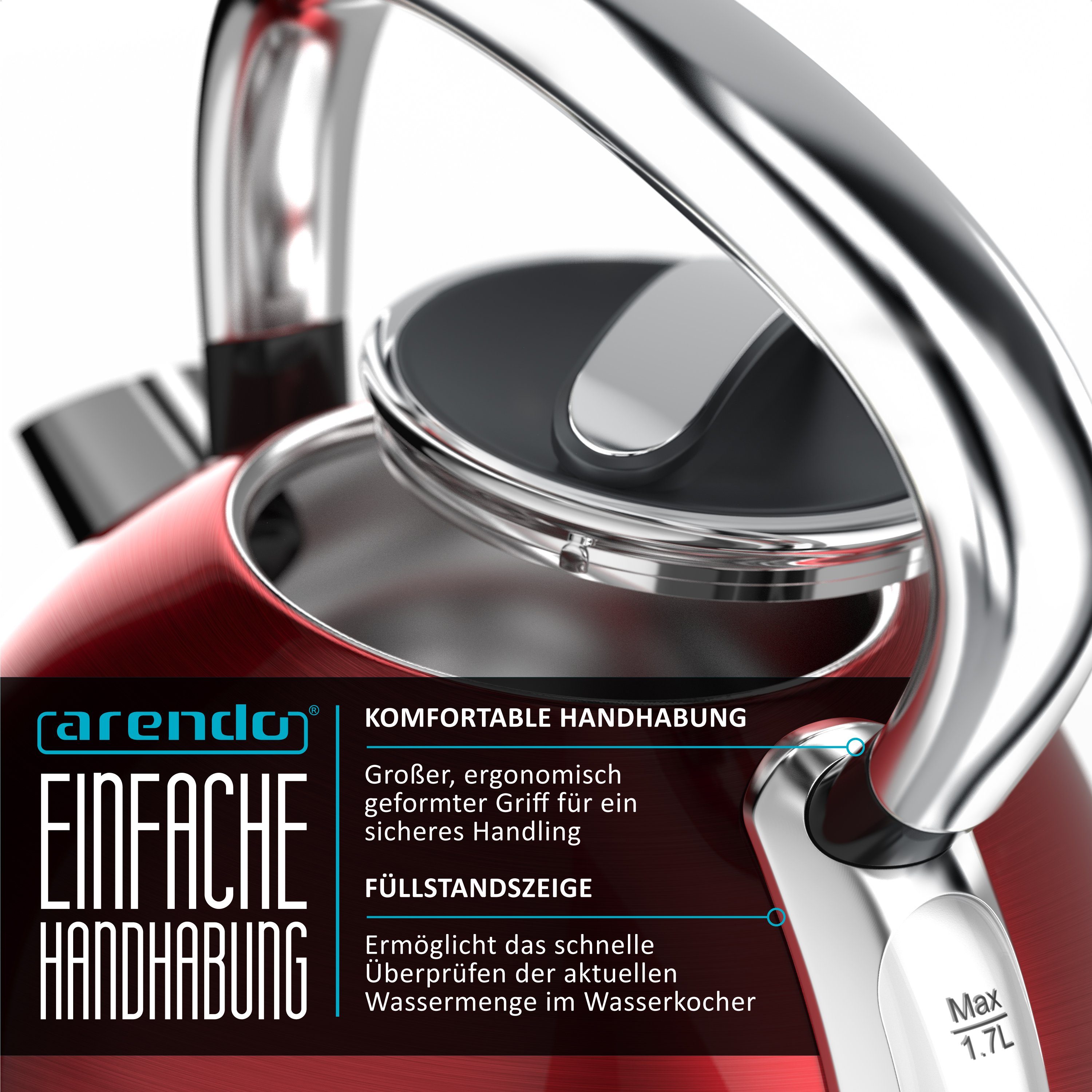 Arendo Frühstücks-Set Edelstahl Wasserkocher 1,7l, 4-Scheiben Langschlitz Toaster, rot (2-tlg), Frühstücksset, Wasserkocher Retro, 2200W, Toaster Brötchenaufsat – Bild 4 von 5