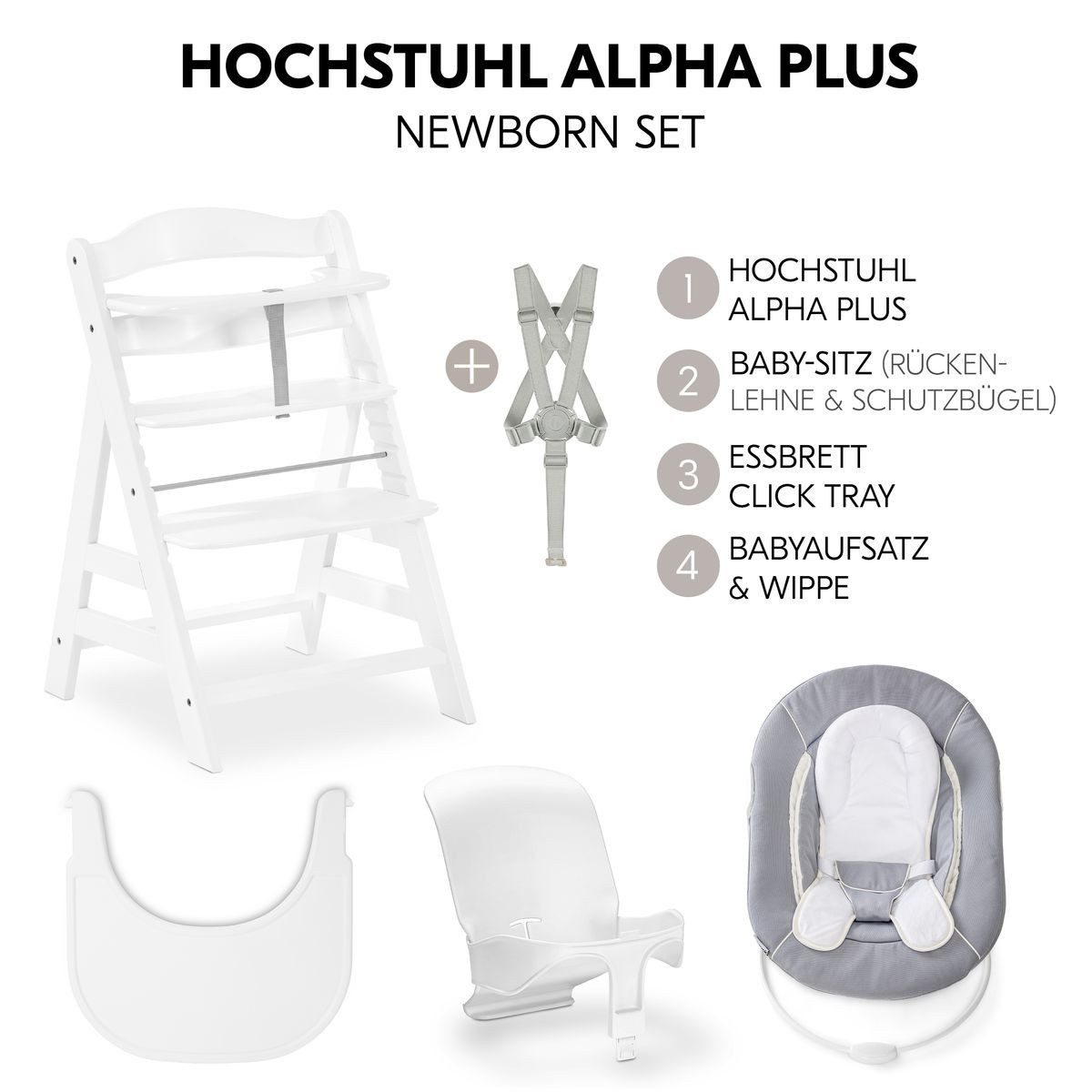 Hauck Hochstuhl Alpha Plus Newborn Set - White, Holz Babystuhl ab Geburt mit Neugeborenenaufsatz, Essbrett & Baby Seat – Bild 2 von 5