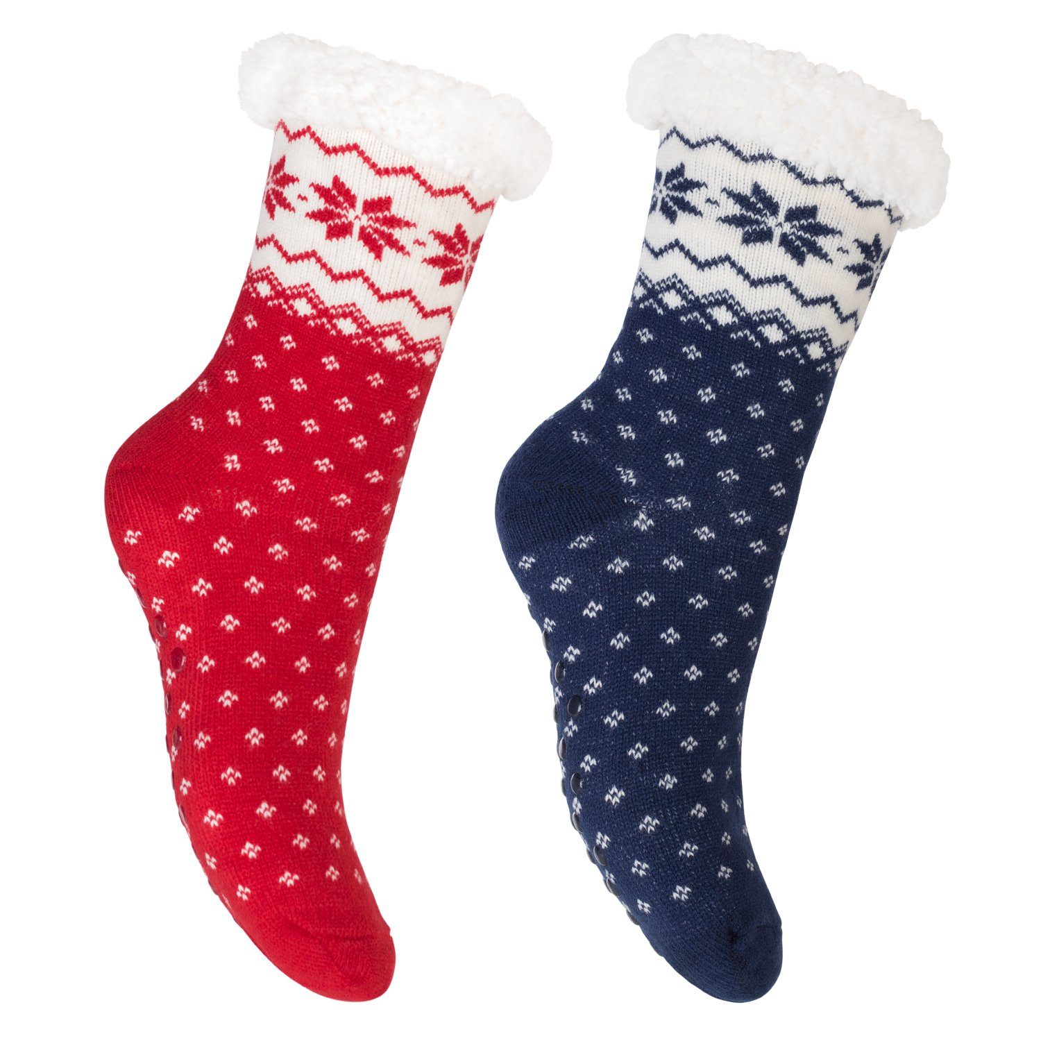 Footstar ABS-Socken Winter Haussocken für Damen & Herren (1/2 Paar) Kuschelsocken 2er Blau-Rot