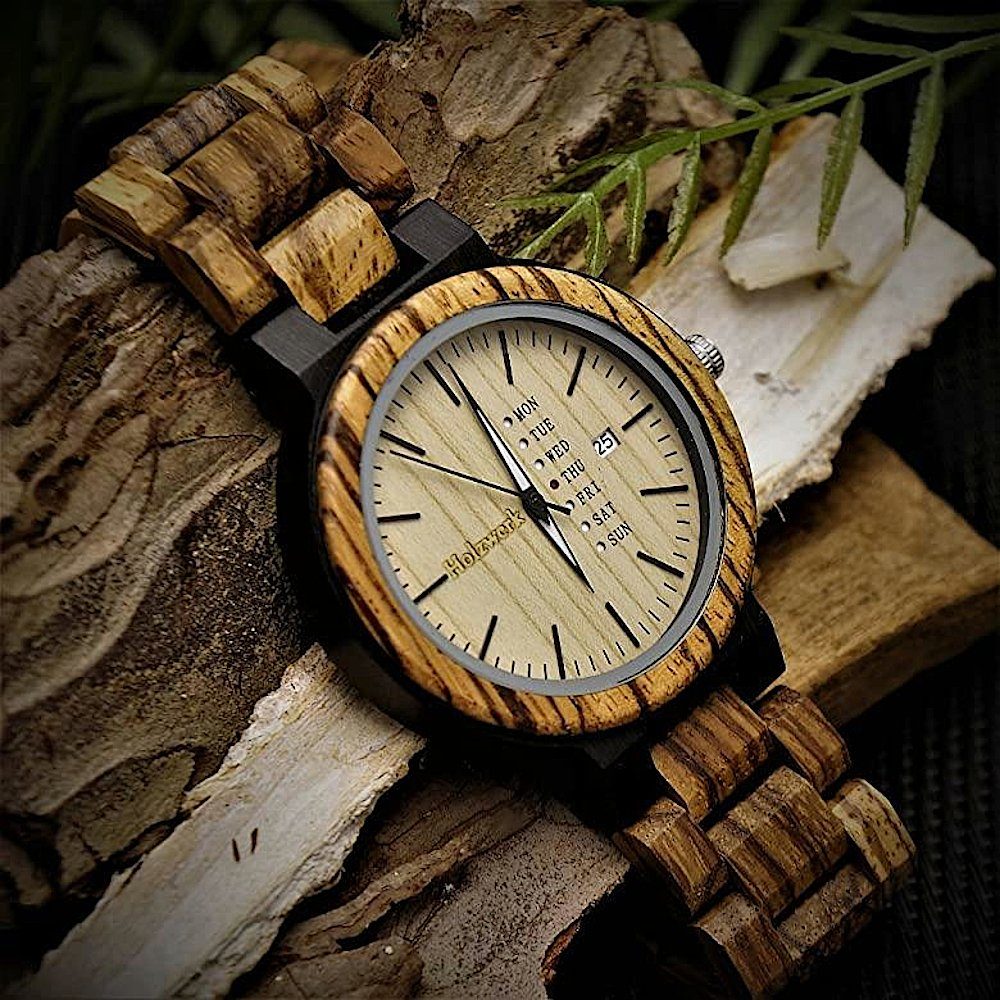 Holzwerk Quarzuhr MALCHOW Damen und Herren Holz Uhr mit Datum in Walnuss  braun, beige