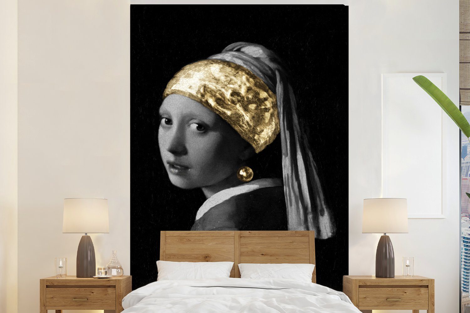 Tapete Vinyl Fototapete Gold, für MuchoWow - - Wohnzimmer, Montagefertig bedruckt, St), Johannes Mädchen Matt, Perlenohrring (3 Wandtapete einem Vermeer mit