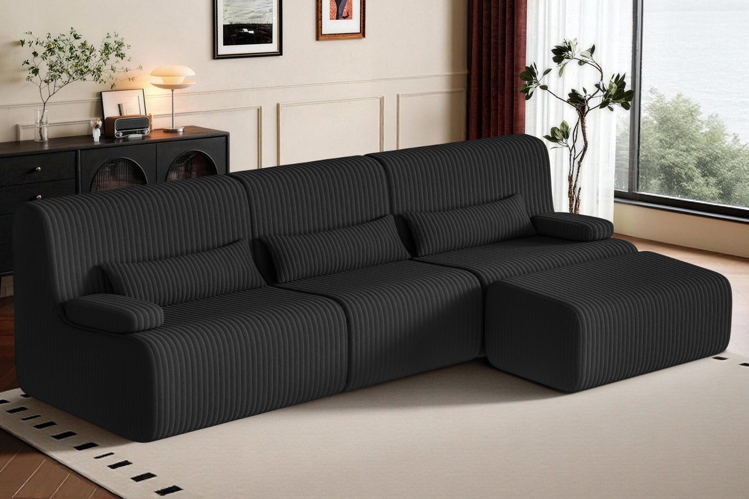 Lexzurn Ecksofa Ecksofa mit Schlaffunktion 250 x 170 x 76 cm, L-förmige Couch aus Cord, Memory-Schaumstoff, Tiefer Sitzfläche, Modulares Sofa mit Chaiselongue für Wohnzimmer und Schlafzimmer