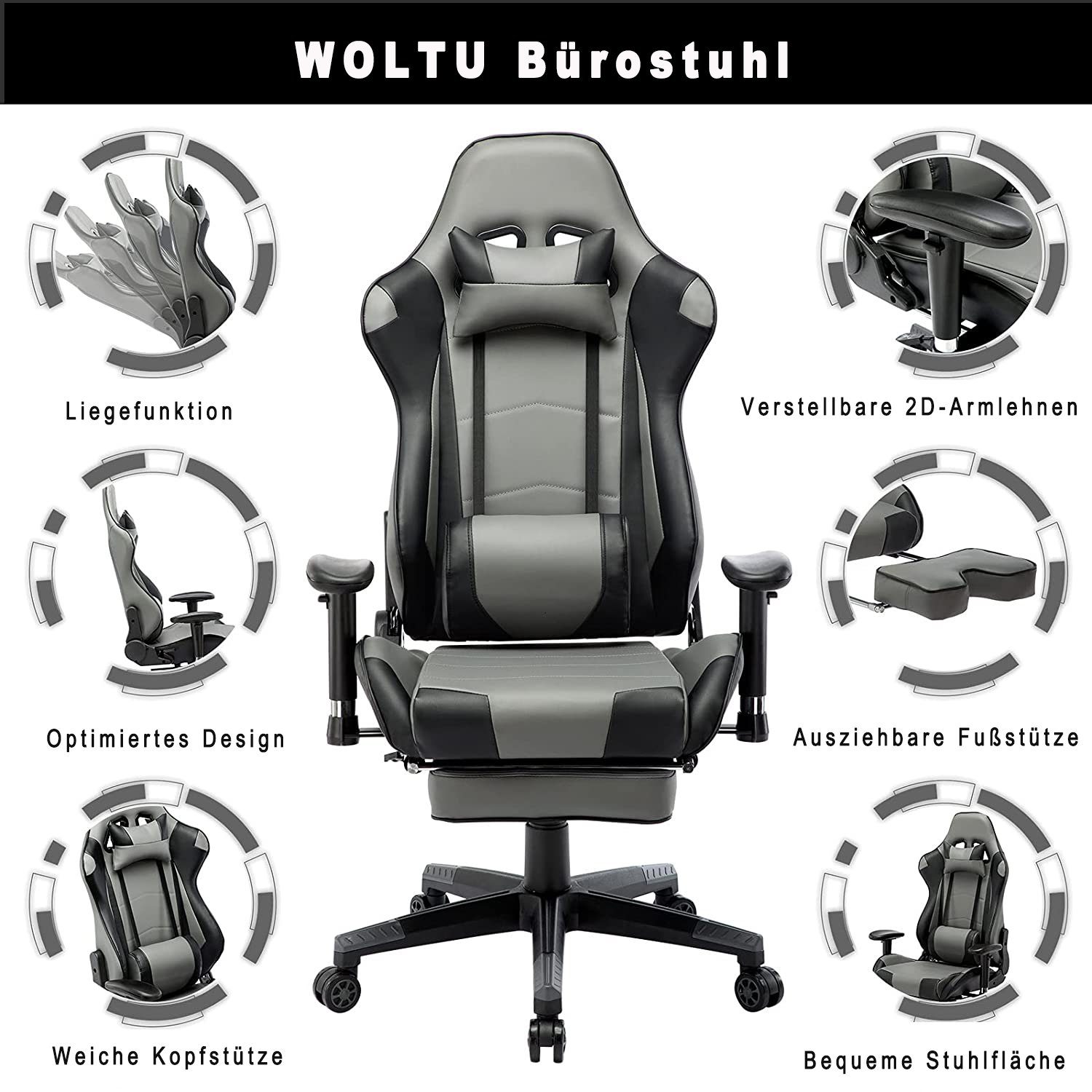 Woltu Gaming-Stuhl (1 St), Schreibtischstuhl Sportsitz, höhenverstellbar