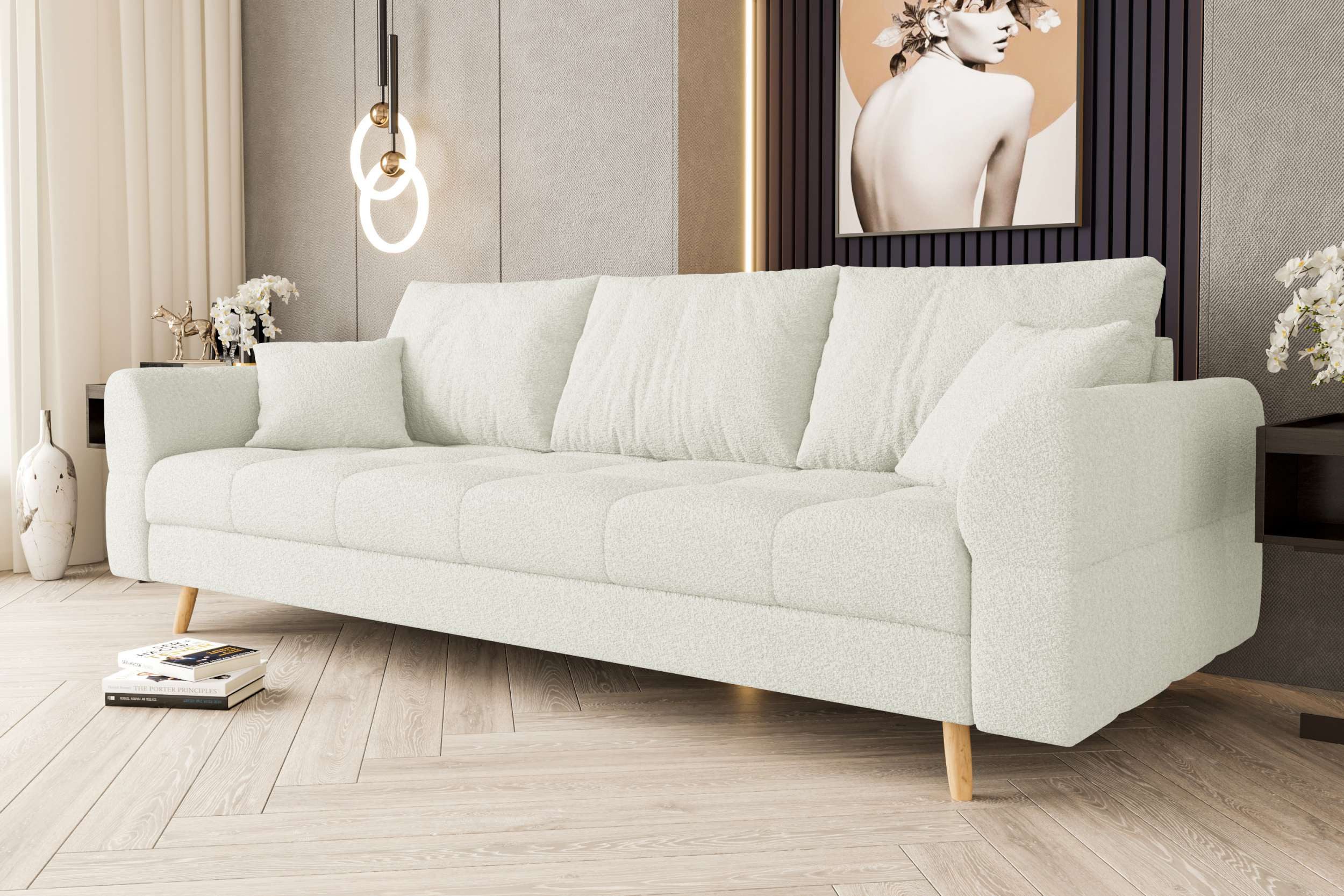 99rooms 3-Sitzer Bello, Sofa, 3-Sitzer Sofa, mit Rundumbezug, 2 Zier- und 3 Rückenkissen, hellbraune Holzfüße