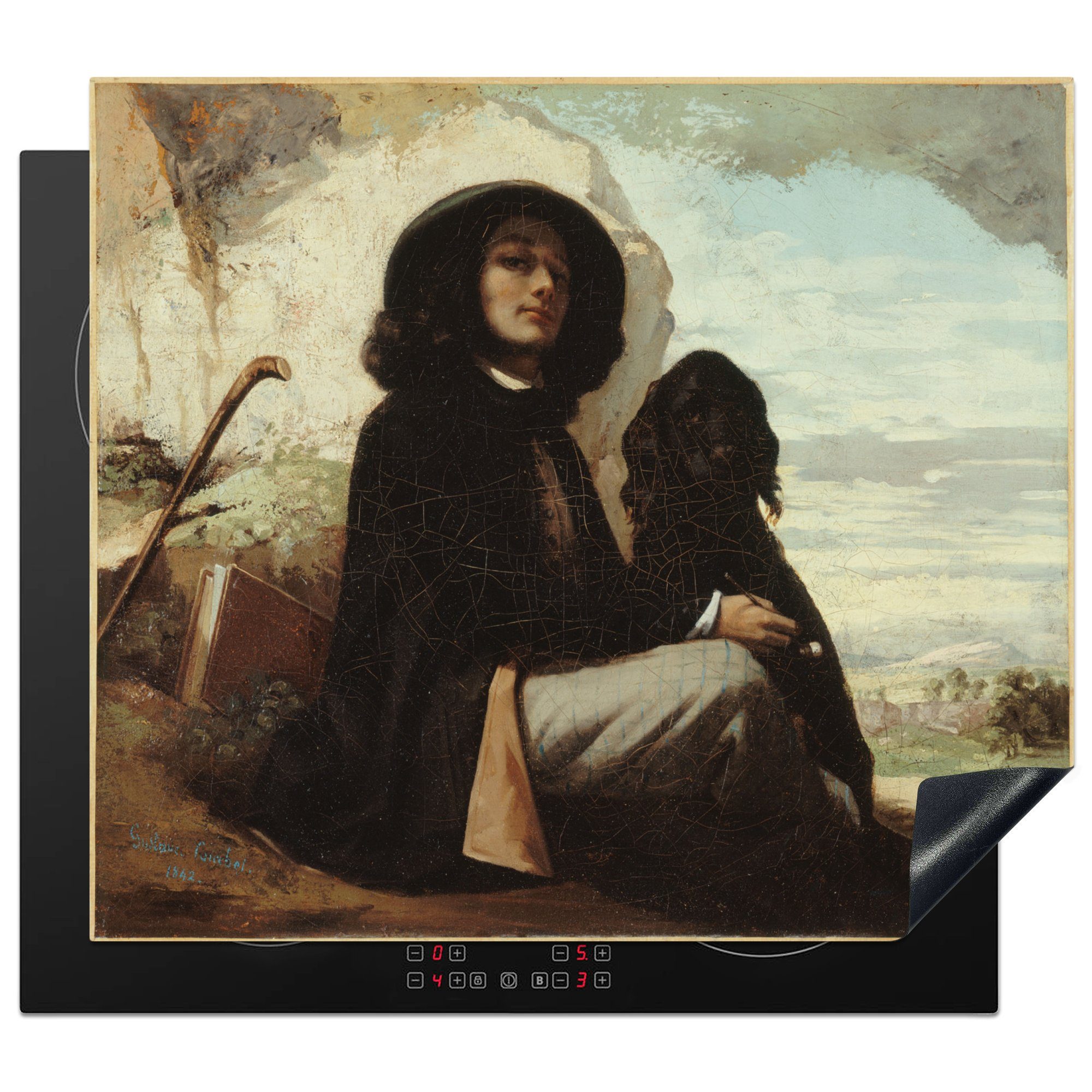 MuchoWow Herdblende-/Abdeckplatte Courbet mit schwarzem Hund - Gemälde von Gustave Courbet, Vinyl, (1 tlg), 60x52 cm, Mobile Arbeitsfläche nutzbar, Ceranfeldabdeckung