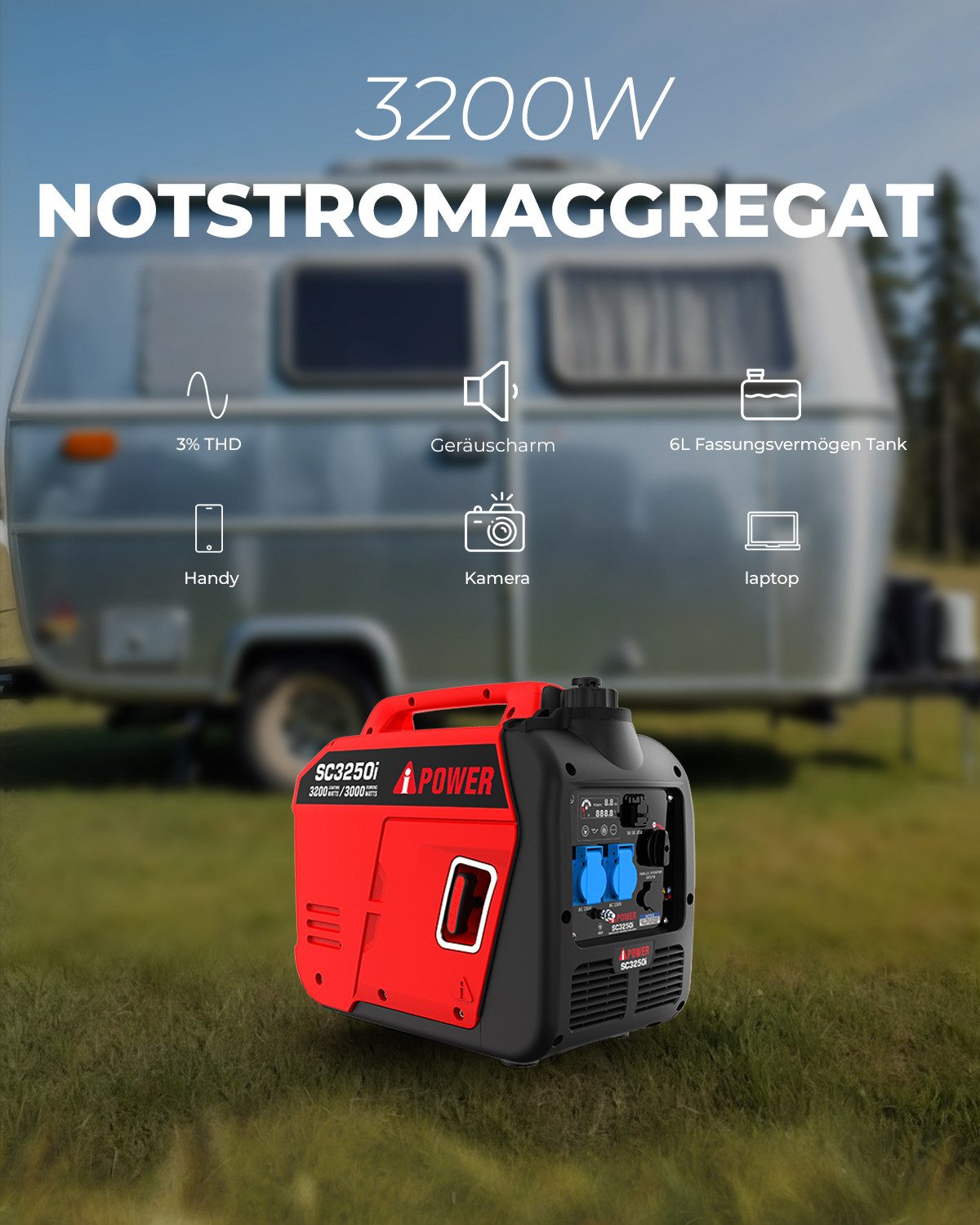 A-iPower Stromerzeuger SC3250i, 3,20 in kW, (Benzin Stromgenerator Generator Notstromaggregat 4-Takt Motor Stromerzeuger Leise 65 dB Generator), mit 230V Steckdosen und USB
