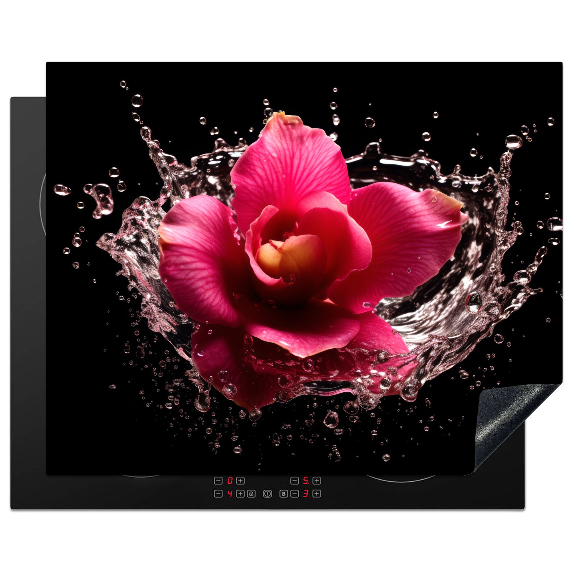 MuchoWow Herd-Abdeckplatte Blumen - Rosa - Wasser - Schwarz - Botanisch - Natur, Vinyl, (1 tlg), Herdabdeckplatten für Ceranfeld, Induktionsschutz, 65x55 cm