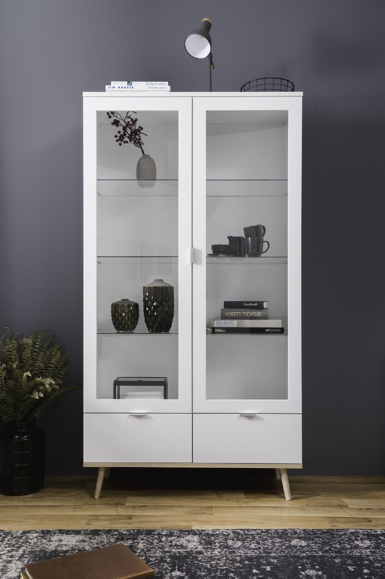 Finori Vitrine Weiß, Sonoma Eiche, Modern, Metallgriffe, ABS-Kante, 100 x 186 x 40 cm