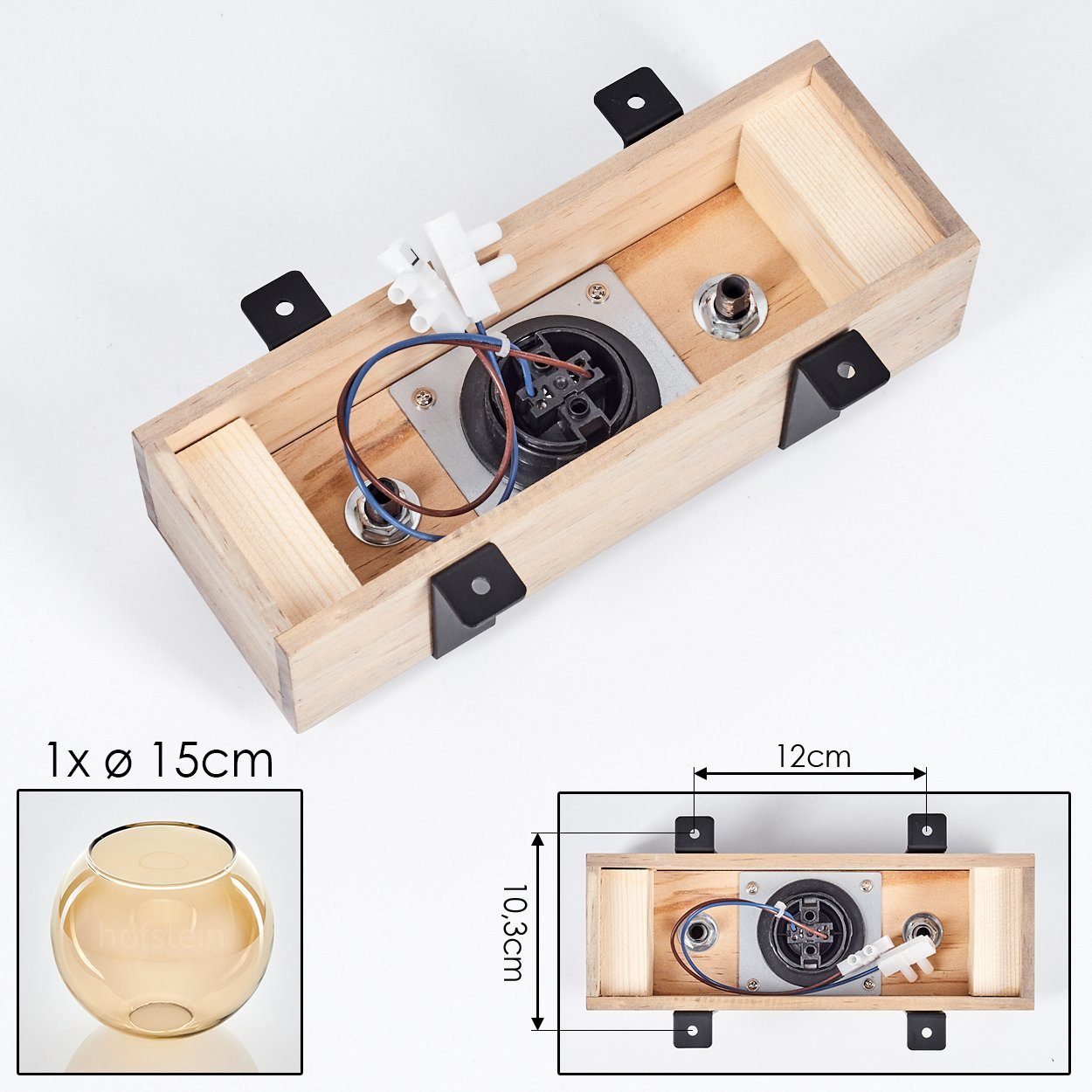 hofstein Deckenleuchte Deckenlampe aus 1x in Metall/Holz/Glas Holzbalken Glasschrim und ohne E27, Leuchtmittel ohne Ø15cm, Schwarz/Natur/Bernsteinfarben, Leuchtmittel