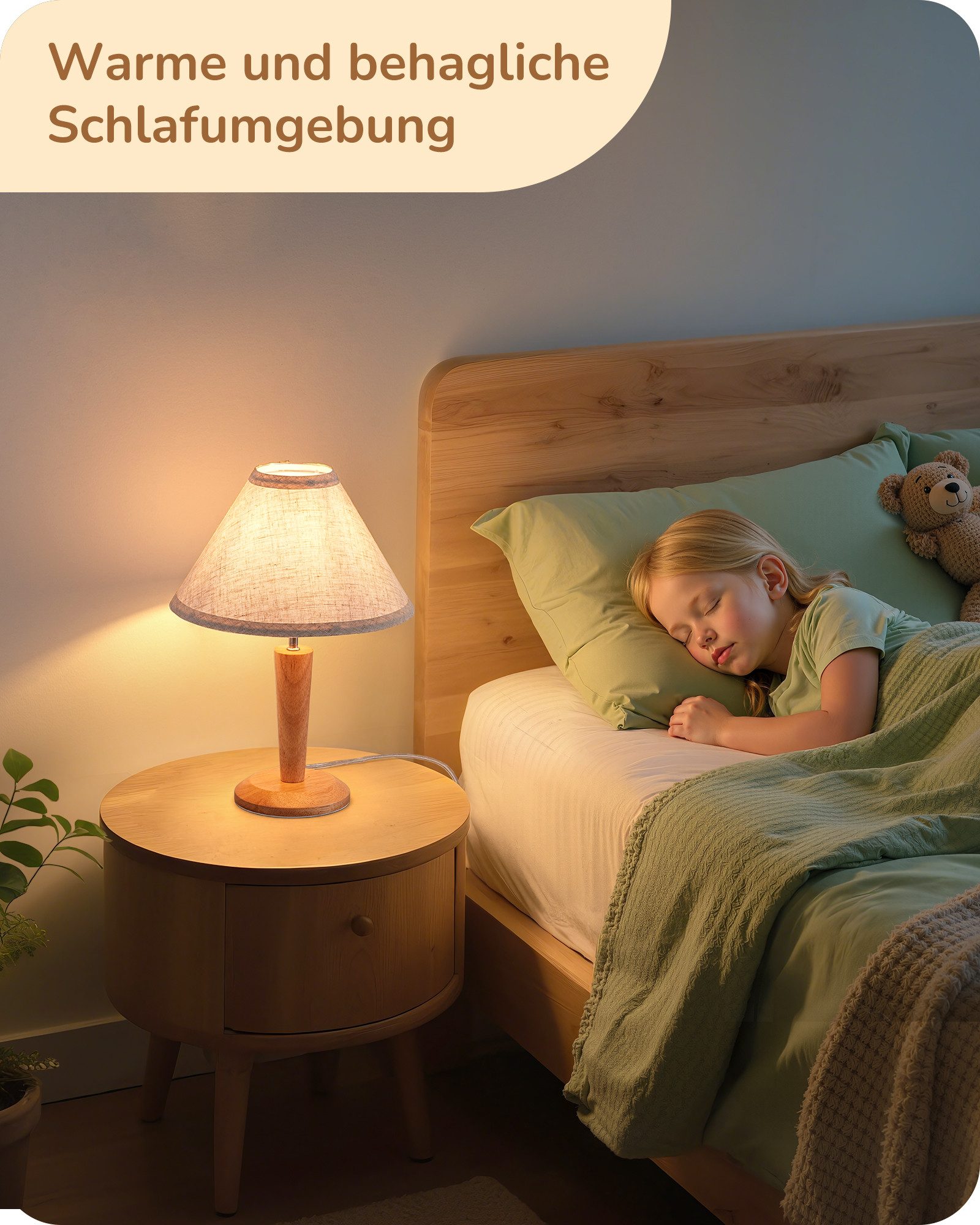 EDISHINE Nachttischlampe mit Massivholzsockel & Leinen-Lampenschirm, LED wechselbar, Warmweiß, Höhe 34 cm, inkl. 4W LED-Leuchtmittel, für Fensterbank, Geschenk – Bild 5 von 5