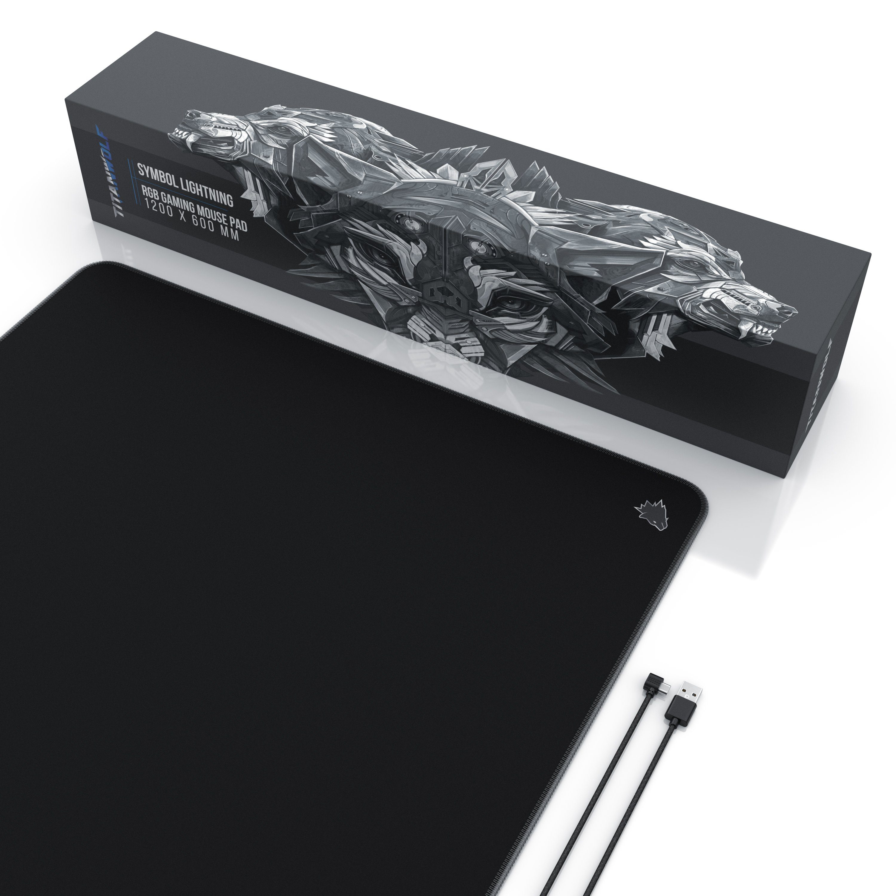Titanwolf Gaming Mauspad RGB Mousepad 1200 x 600 x 3 mm, LED Multi Color XXXL Tischunterlage, rutschfest, abwaschbar, Geschwindigkeit & Präzision, Symbol grau