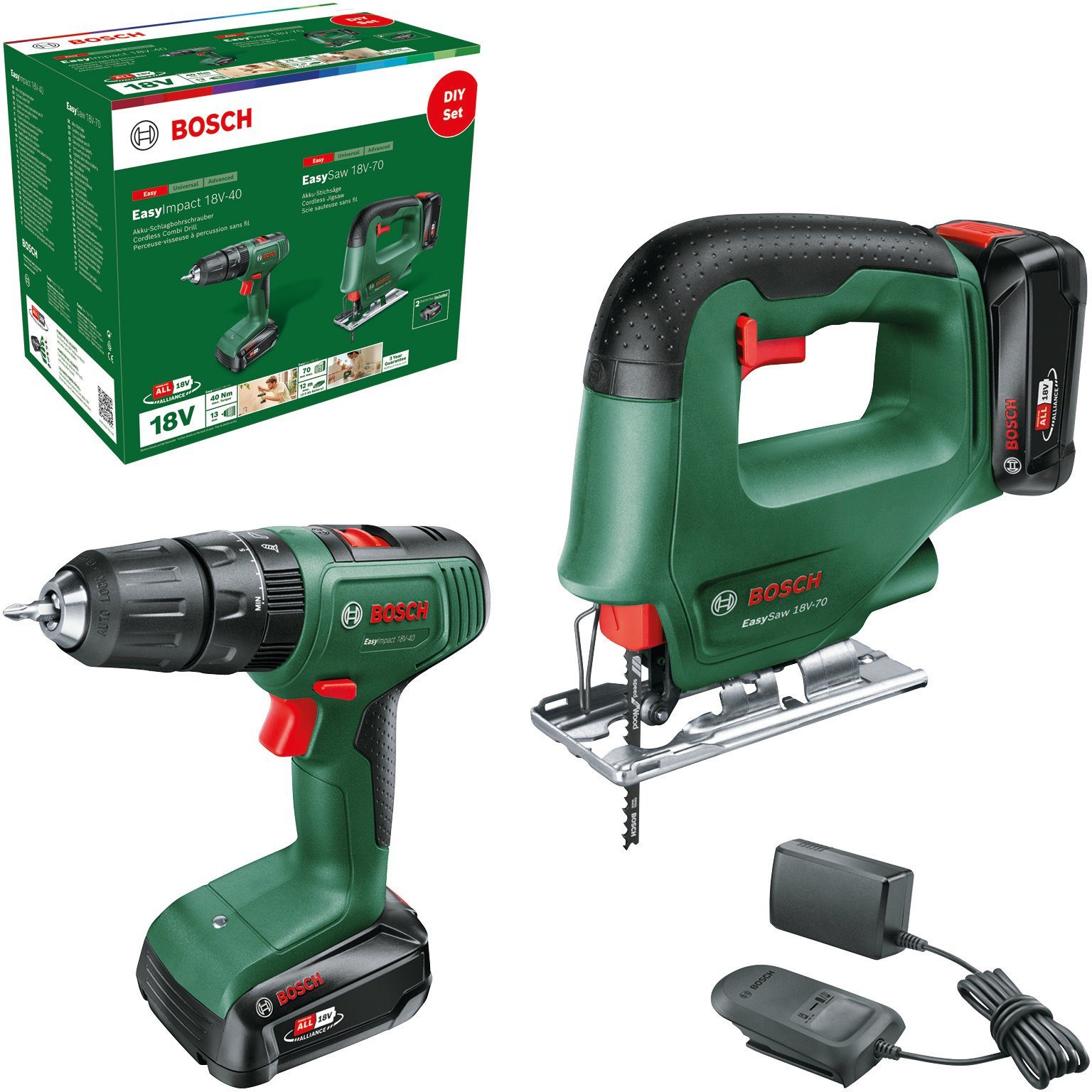 Shop zu supergünstigen Preisen Bosch Home AL 2 Akku-Bohrschrauber Ladegerät + EasySaw, 1 und & EasyImpact Stichsäge Akkus mit 18V/2,0Ah Garden