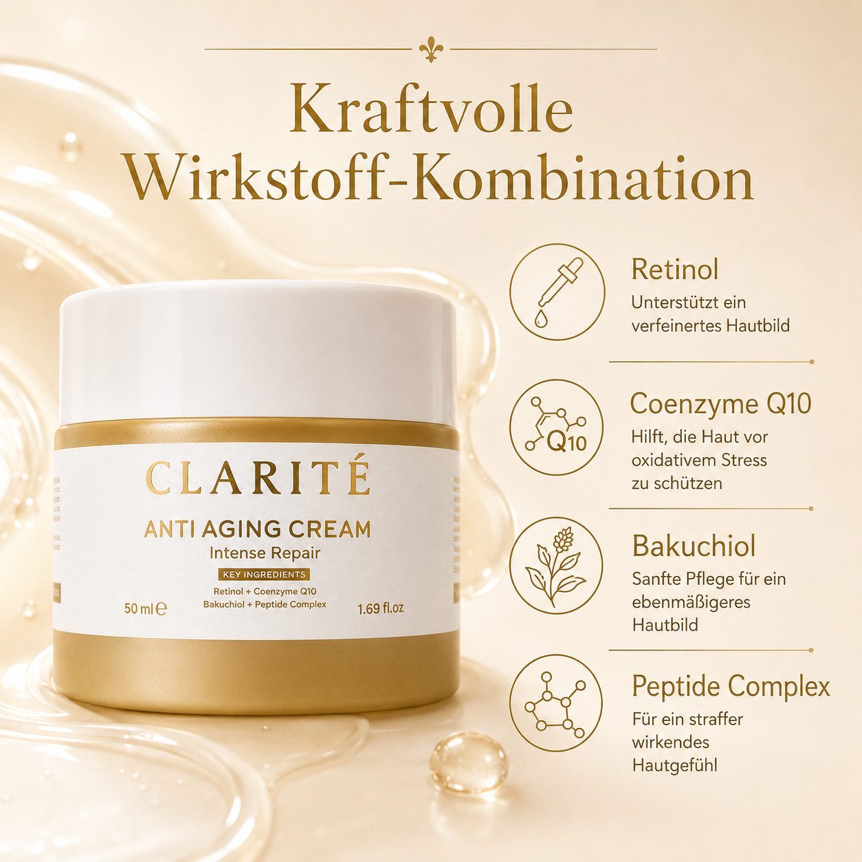 CLARITÉ Gesichtspflege CLARITÉ Anti Aging Intense Repair, Mit Retinol, Hyaluron, Peptiden, Squalan und Resveratrol