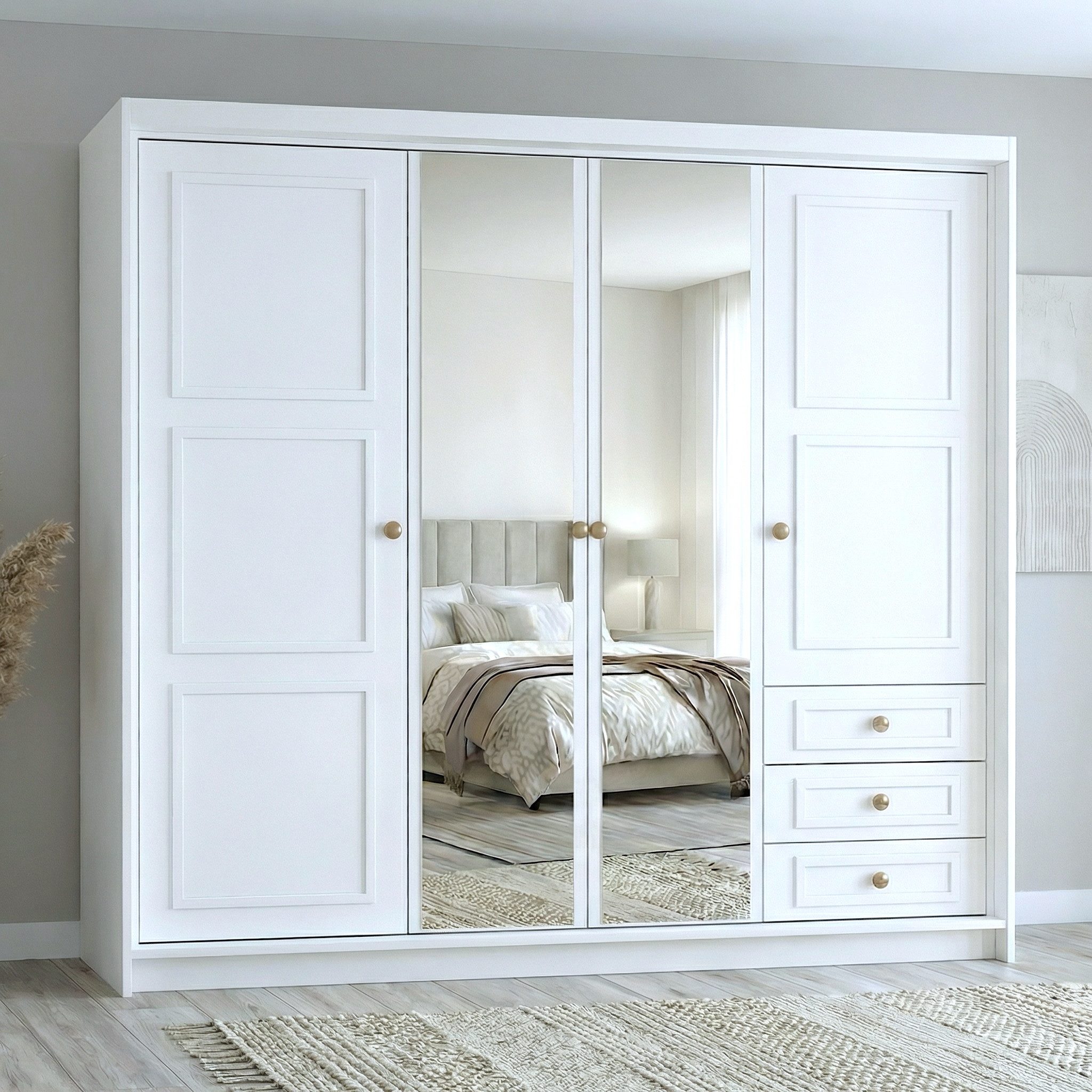 A&J MöbelLand GmbH Drehtürenschrank OSLO viertüriger Kleiderschrank mit Schubladen und Metallgriffen (Geräumiger viertüriger Kleiderschrank mit Schubladen und Metallgriffen. Geräumiger Schrank mit einer Breite von 200 cm und Schubladen, ideal zur Aufbewahrung von Kleidung und Accessoires. Viel Stauraum. TOP PRODUKT! Wählen Sie das ideale Modell für Ihr Schlafzimmer!, TOP ANGEBOT) Breite: 200 cm, Höhe: 215 cm, Tiefe: 59,5 cm