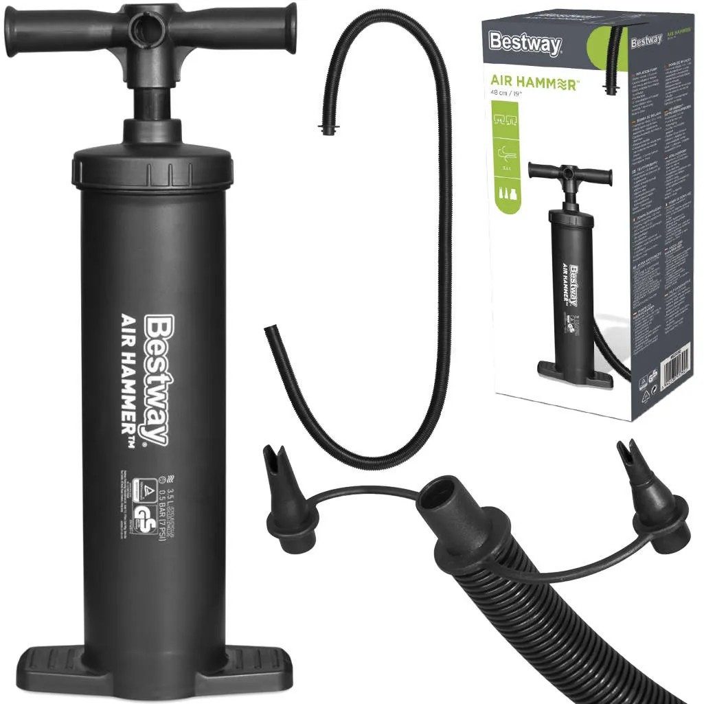 BESTWAY Handpumpe Luftpumpe Doppelhubpumpe Campingpumpe (Spar-Set, 1-tlg., 20 x 48 cm bidirektional), bidirektional, 3 Düsen, 85 cm Schlauch, ohne Strom
