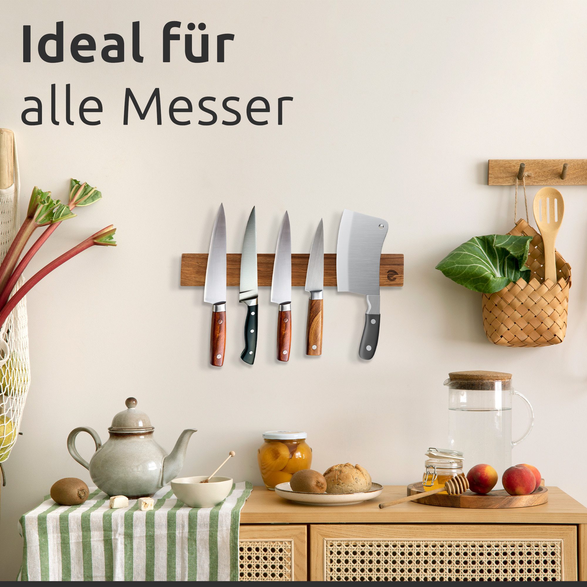 ECENCE Wand-Magnet Messer-Leiste Magnetleiste Messer aus Akazienholz 40cm zum Kleben oder Bohren