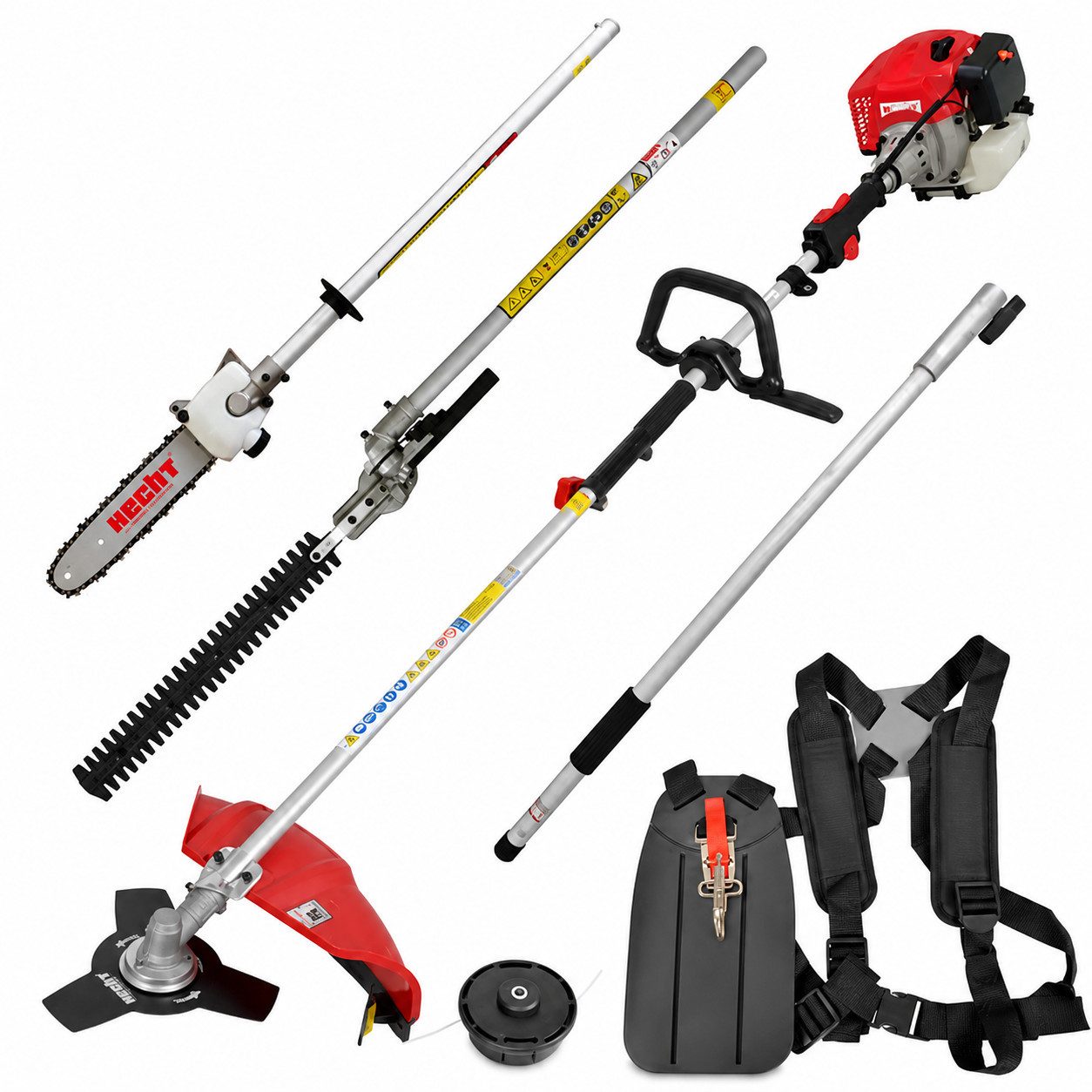 Hecht Benzin-Motorsense Freischneider Hochentaster Heckenschere Multitool 1352, 25,5 cm cm Arbeitsbreite Messer, 43 cm cm Arbeitsbreite Faden, 4-in-1, 1,97 PS, Tragegurt und Verlängerung