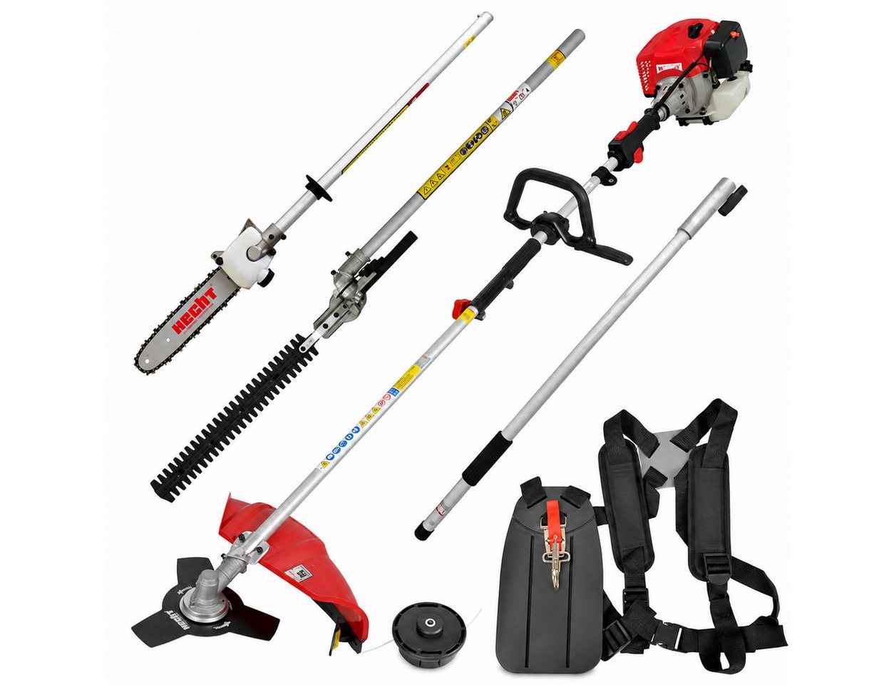 Hecht Benzin-Motorsense Freischneider Hochentaster Heckenschere Multitool 1352, 25,5 cm cm Arbeitsbreite Messer, 43 cm cm Arbeitsbreite Faden, 4-in-1, 1,97 PS, Tragegurt und Verlängerung