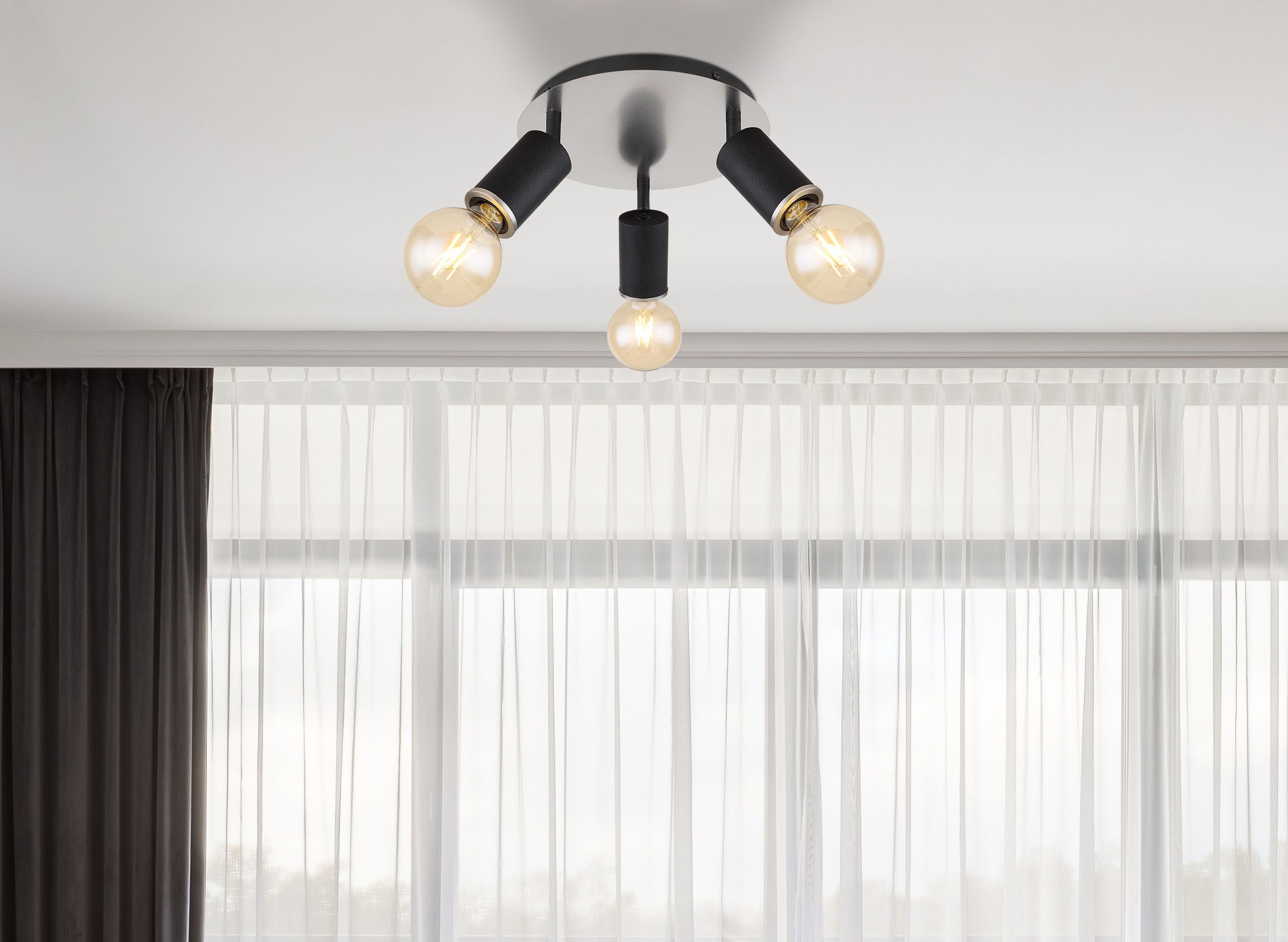GLOBO LIGHTING Deckenspot JOSEBA, Leuchtmittel wechselbar, Schwarzer Strahler mit Holz schwarz, Nickel matt, E27 3x60W