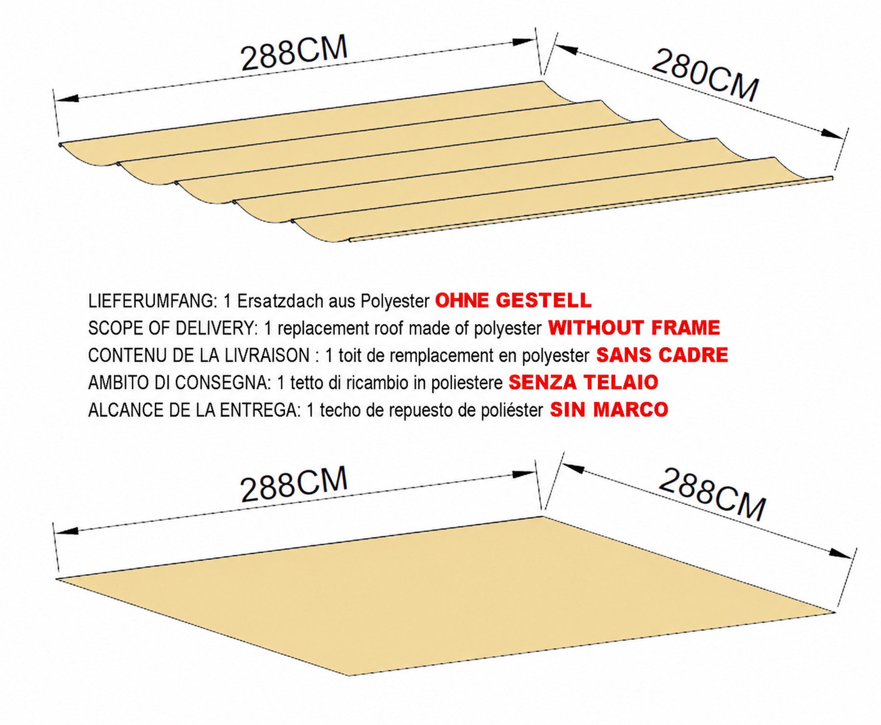 Quick Star Pavillon-Ersatzdach Ersatzdach Flachdachpergola Firenze 3x3 m, 180 g/m², 288 x 288 cm (1 Ersatzdach aus Polyester ohne Gestell), 6 aufgenähte Einschu – Bild 2 von 5