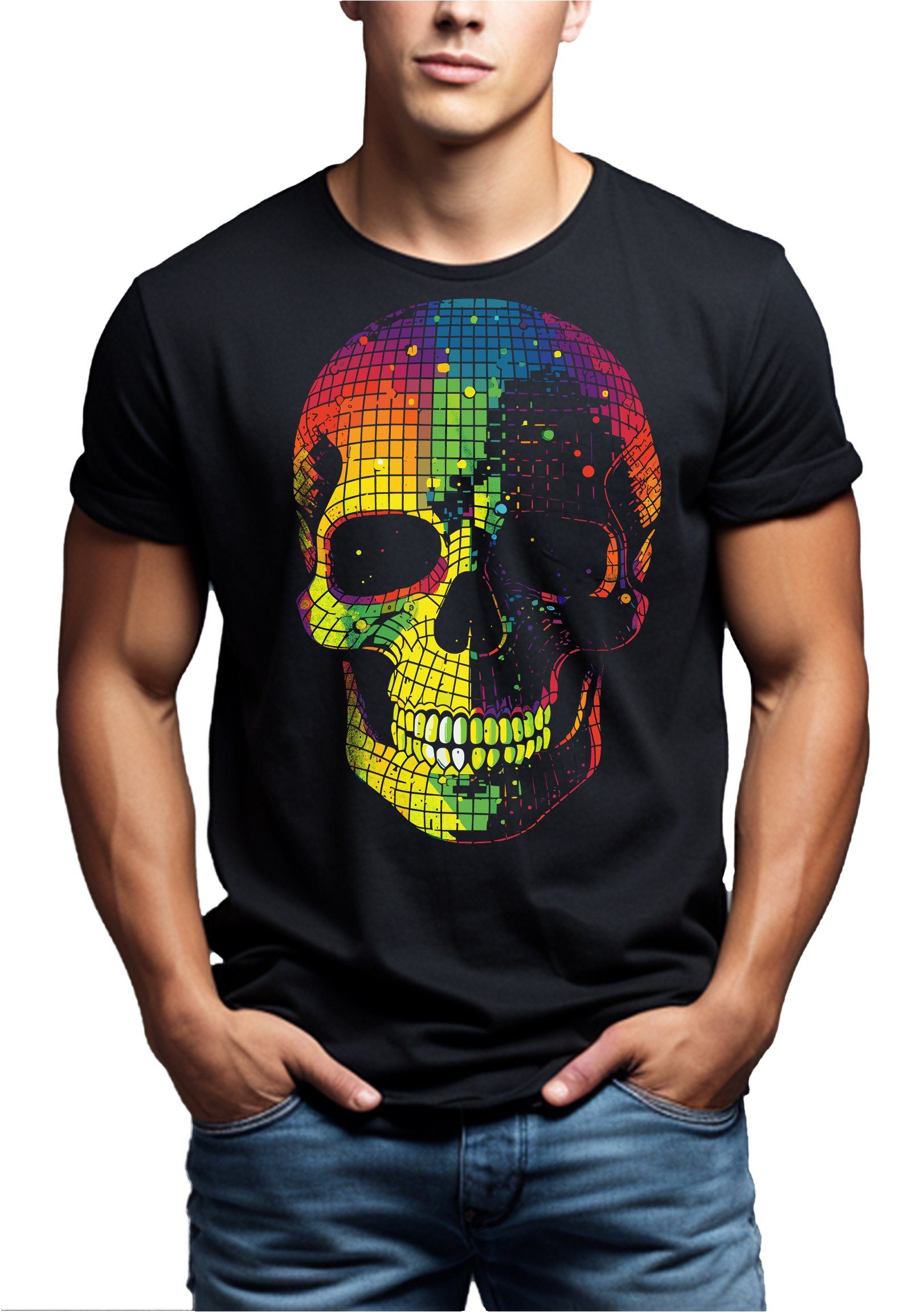 Party Nerd Print-Shirt MAKAYA Herren Schwarz Jungs Jungen Skull Motiv Teenager Gothic, Disco Totenkopf