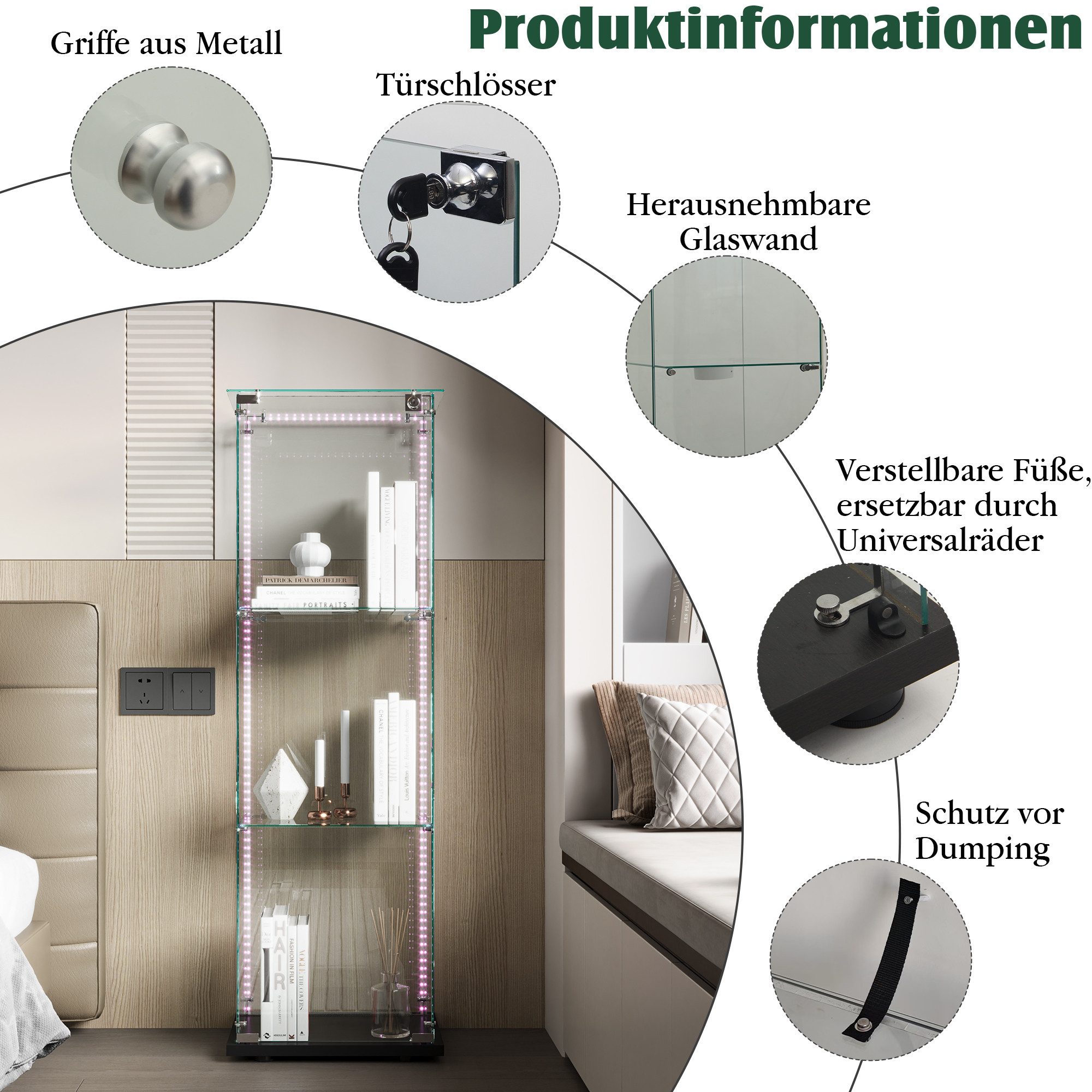Simurq Glasvitrine Standvitrinen mit LED Beleuchtung, 3 Lagen Vitrinenschrank mit Glastür (1-St, Glas Vitrine mit 1 Glastür und 3 Lagen, Glasschrank mit Schloss – Bild 5 von 5
