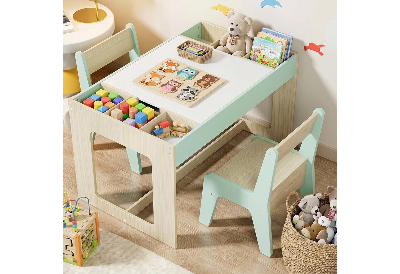 TLGREEN Kindertisch mit 2 Stühlen, Kindersitzgruppe (Kinder Tisch Stuhl Set mit wendbarer Tischplatte, 80 x 48 x 48 cm), Kinderschreibtisch für Schule, Kindertagesstätte, Kinderzimmer