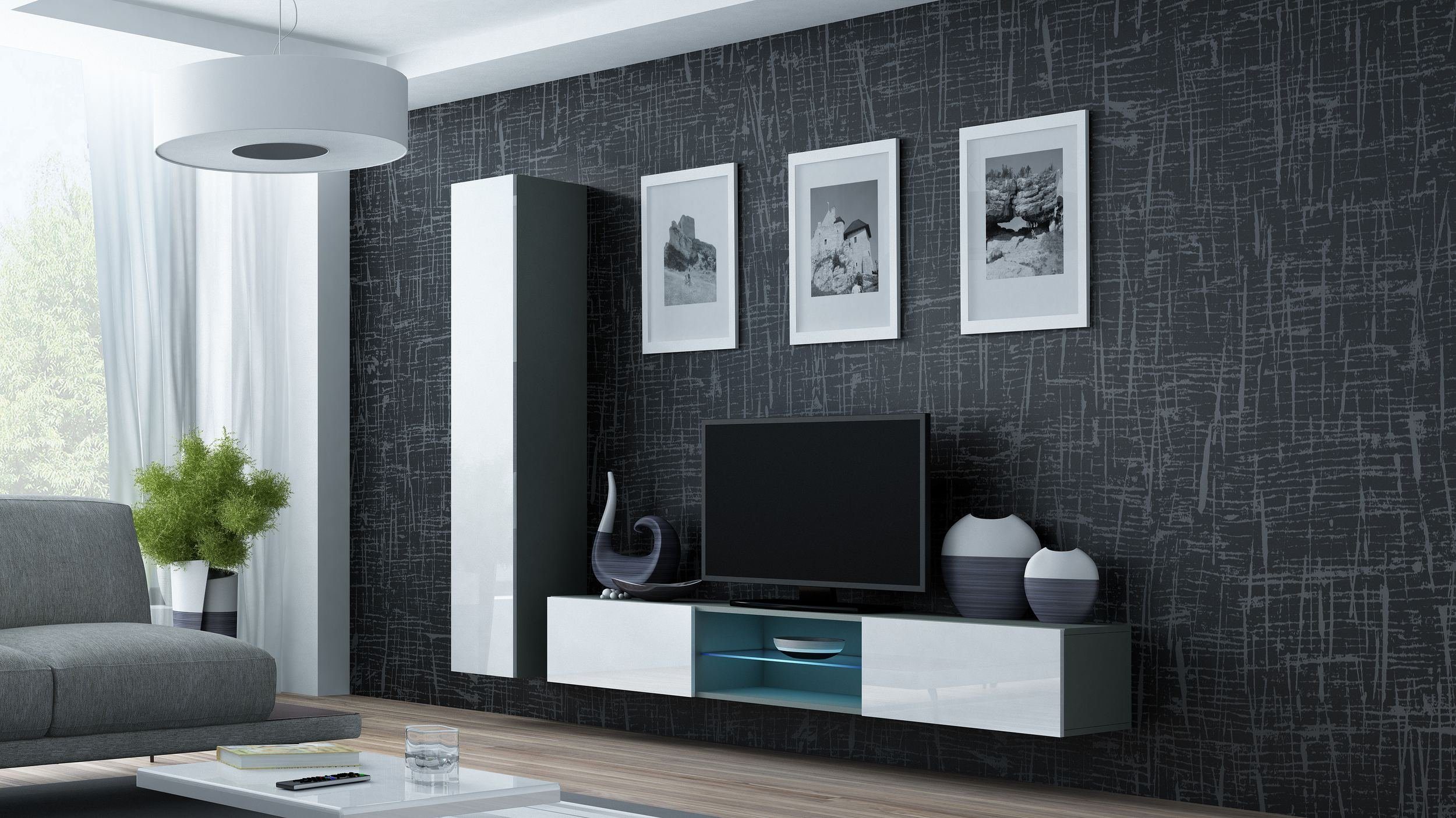 Stylefy Wohnwand Vago XXI, (Set (2-St), Wohnmöbel, Wohnzimmer-Set), bestehend aus 1xLowboard und 1xHängeschrank, inkl. LED-Beleuchtung, mit Push-to-Open, Modern Design Grau Matt - Weiß Hochglanz