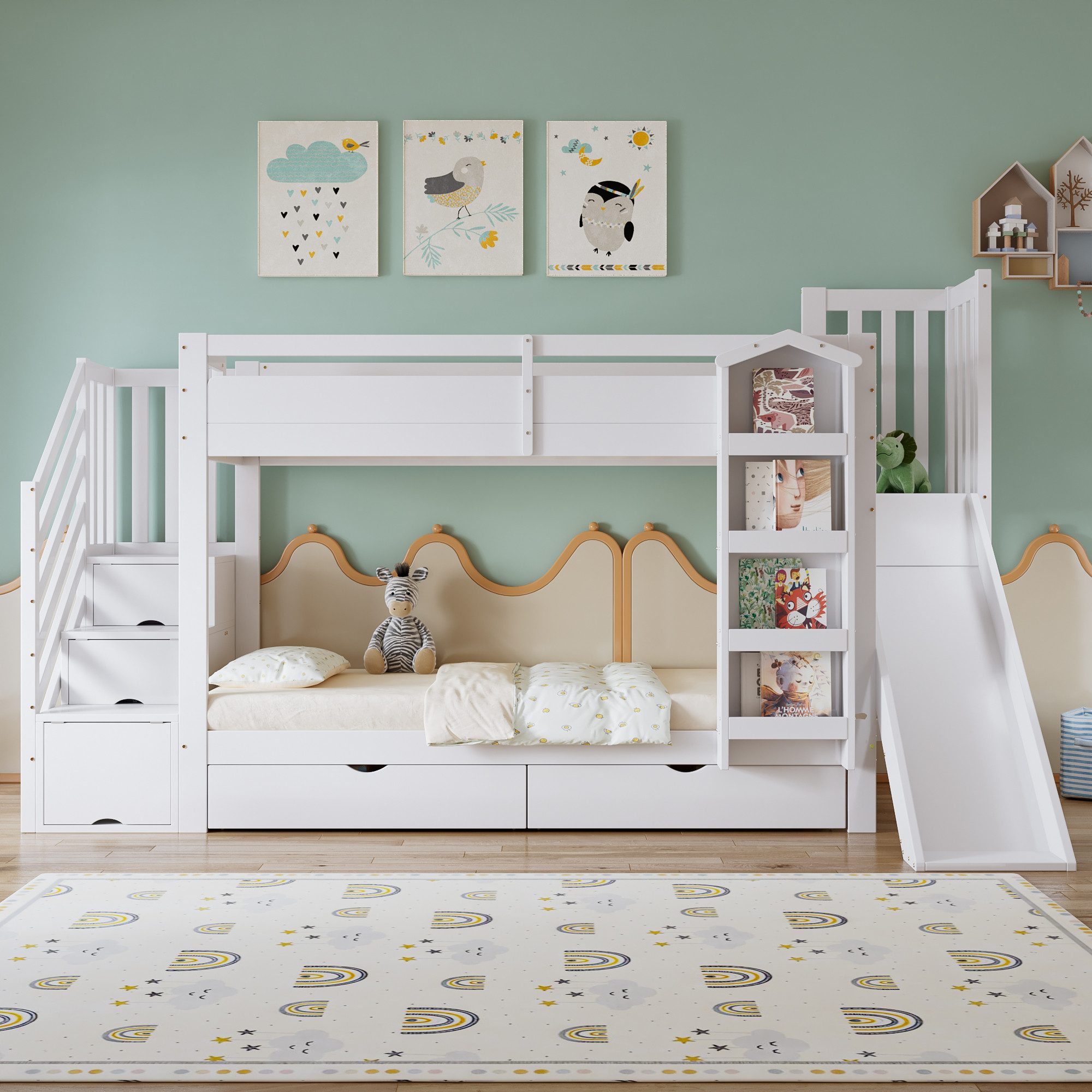 Odikalo Etagenbett Kinderbett 90x200 mit Rutsche Bücherregal und Stauraum (Mit Bilderbuchregal, zwei Schubladen auf Rollen und Kinderrutsche, Treppenaufbewahrungs-Schrank, Kiefer + MDF+Sperrholz, Weiß, 90x200cm)