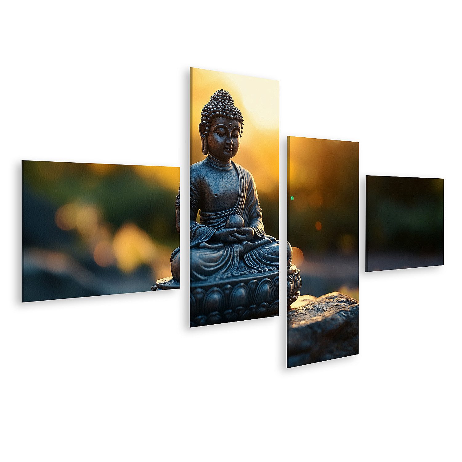 islandburner Leinwandbild Buddha Statue bei Sonnenuntergang im Garten