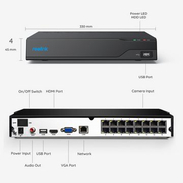 Reolink NVS16 - 16-Kanal PoE NVR für 24/7-Aufnahmen Netzwerk-Videorecorder (unterstützt max. 16MP, eingebaute 4TB HDD, max. 12TB Speichergröße)