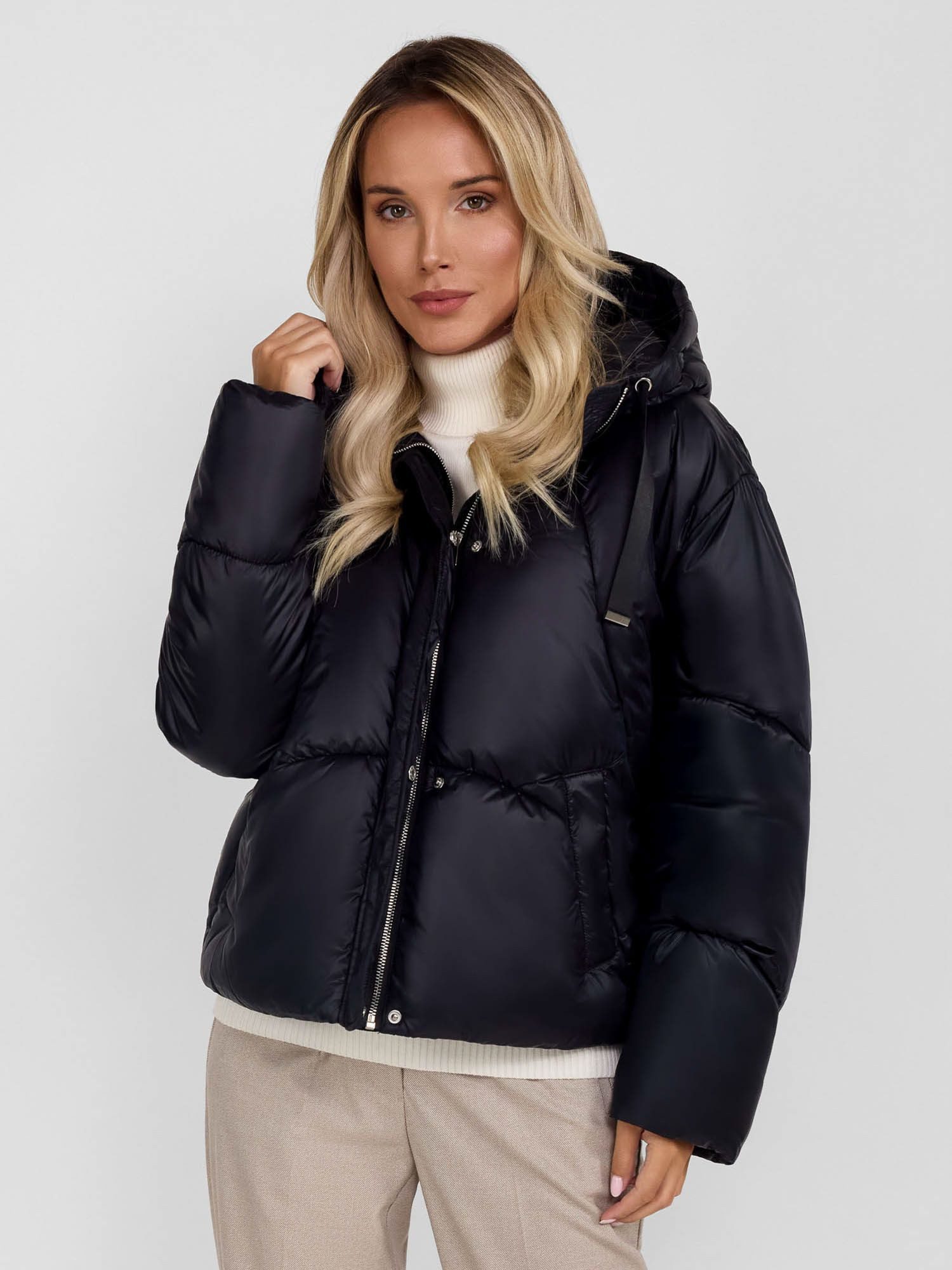 Winterjacke Kurze Steppjacke mit Kapuze und Doppelverschluss (XS-XXL)