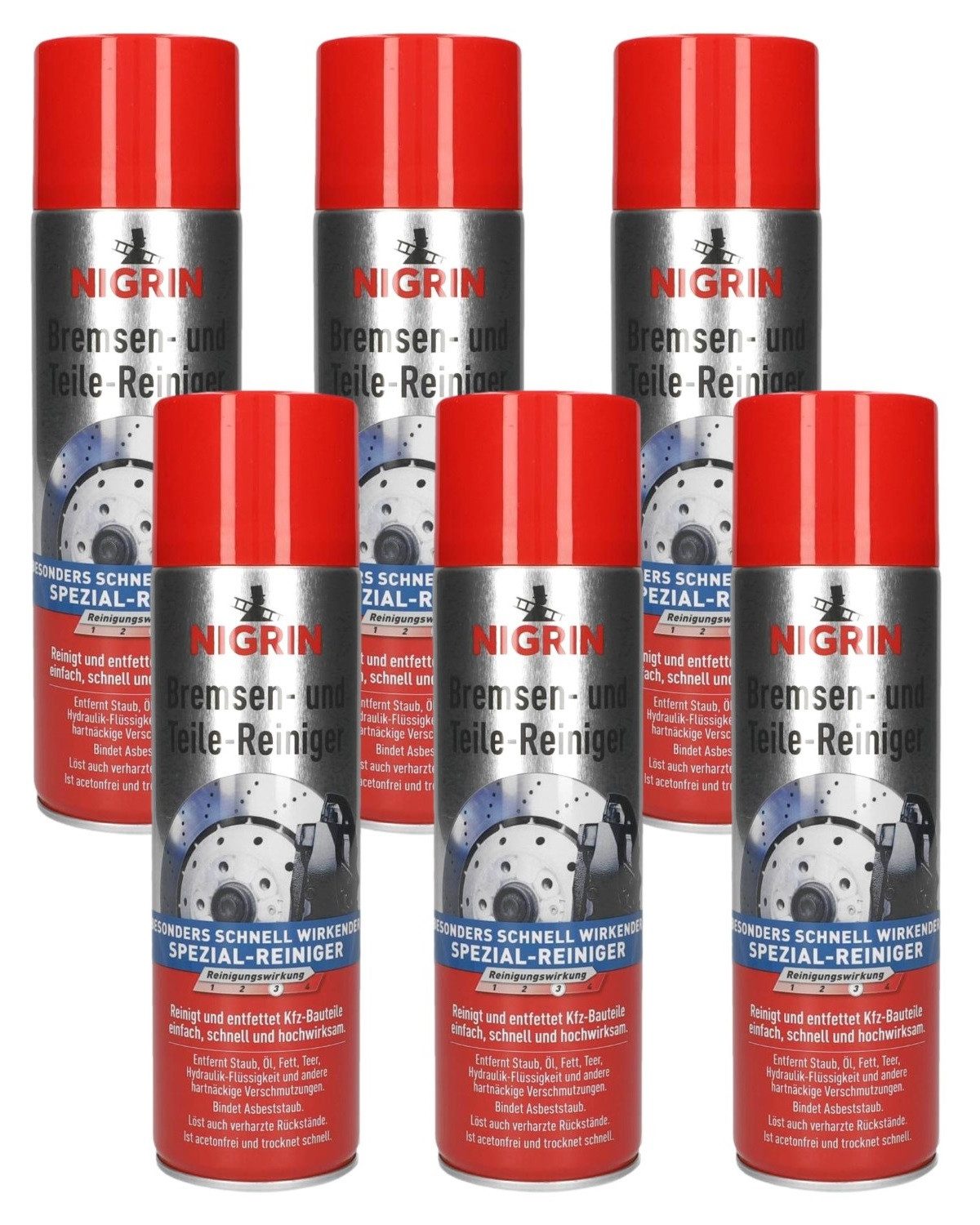 NIGRIN 6x Bremsen-Reiniger Spray Teile-Reiniger Enfettet Bremsenreiniger (6x Bremsen-Reiniger, [6-St. Set Nigrin Bremsen-Reiniger Spezial-Reiniger Motor Auto KFZ PKW)