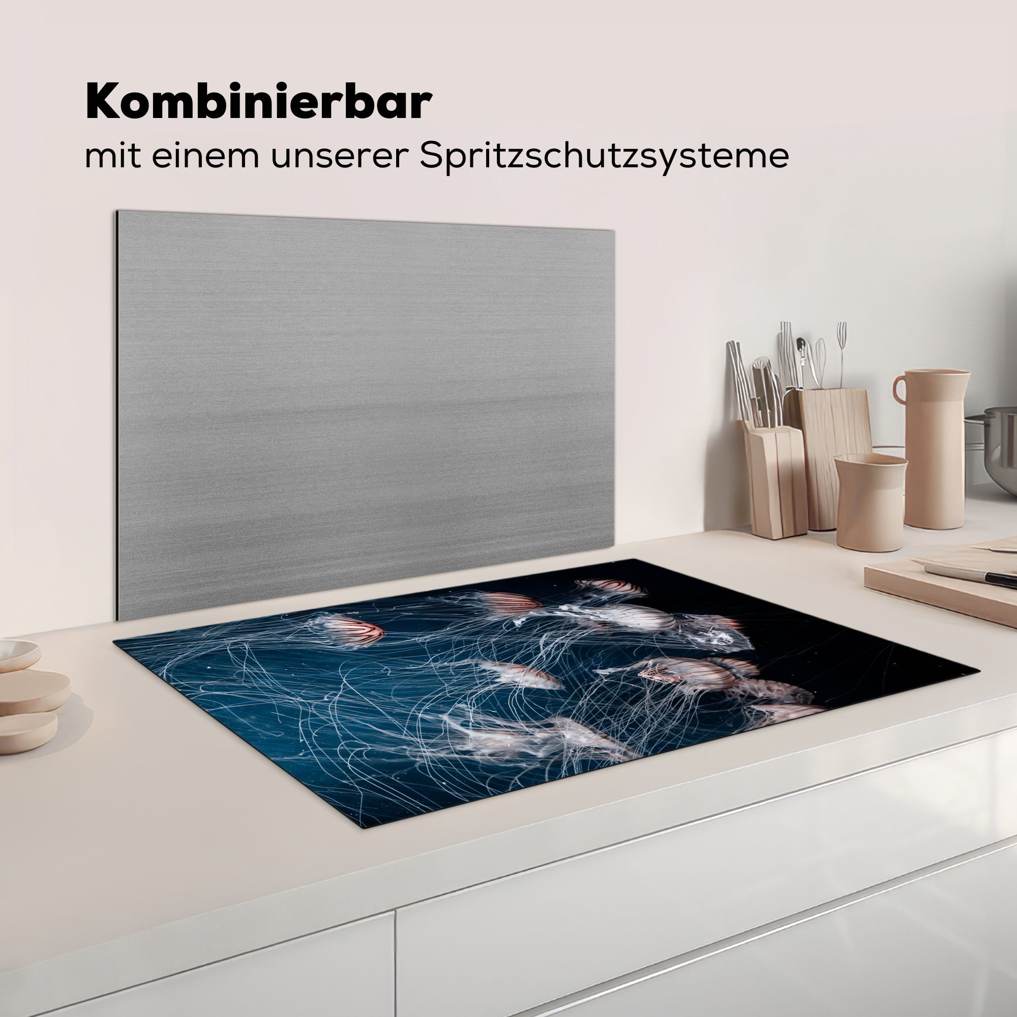 Schutz Vinyl, Ceranfeldabdeckung (1 Meerestiere tlg), - Wasser, küche, MuchoWow cm, für Quallen Induktionskochfeld Herdblende-/Abdeckplatte 81x52 - die