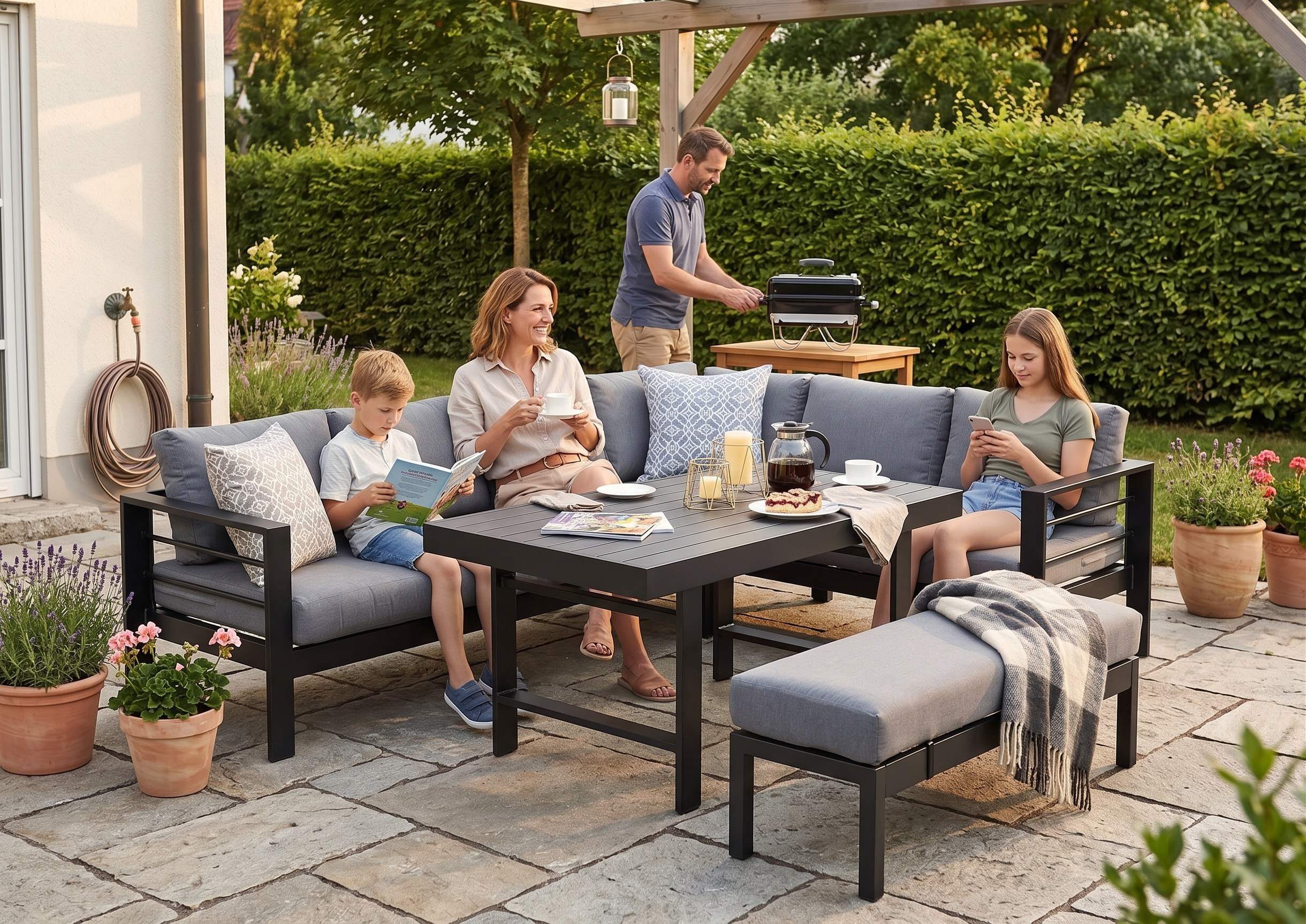 MeXo Gartenlounge-Set XXL Lounge Gartenmöbelset aus Aluminium, wetterfest, (Ecksofa mit rechter Ecke für 6-8 Personen, 5-tlg., 12/15 cm dicke Kissen, Terrassenmöbel Set mit hohem Tisch), pflegeleichte Polywood-Tischplatte, flexibel kombinierbar