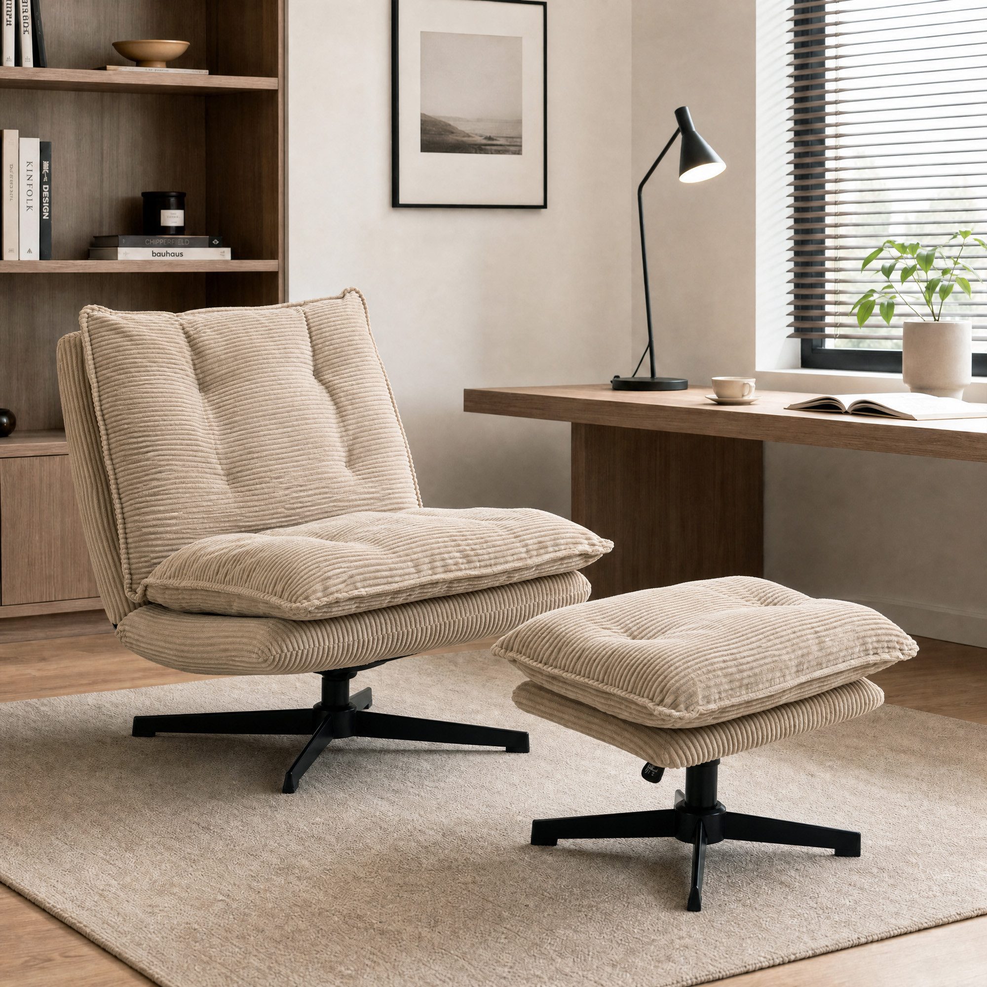 HOMCOM Relaxsessel Loungesessel mit Cord-Optik, 74 cm Breiter Sitzfläche (Drehsessel, 1-St., bestehend aus Sessel und Hocker), 360° drehbar, Hocker höhenverstellbar