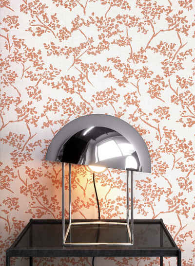 Newroom Vliestapete, Orange Tapete Floral Blumen - Blumentapete Mustertapete Grau Kupfer Romantisch Modern Blätter Äste für Wohnzimmer Schlafzimmer Küche