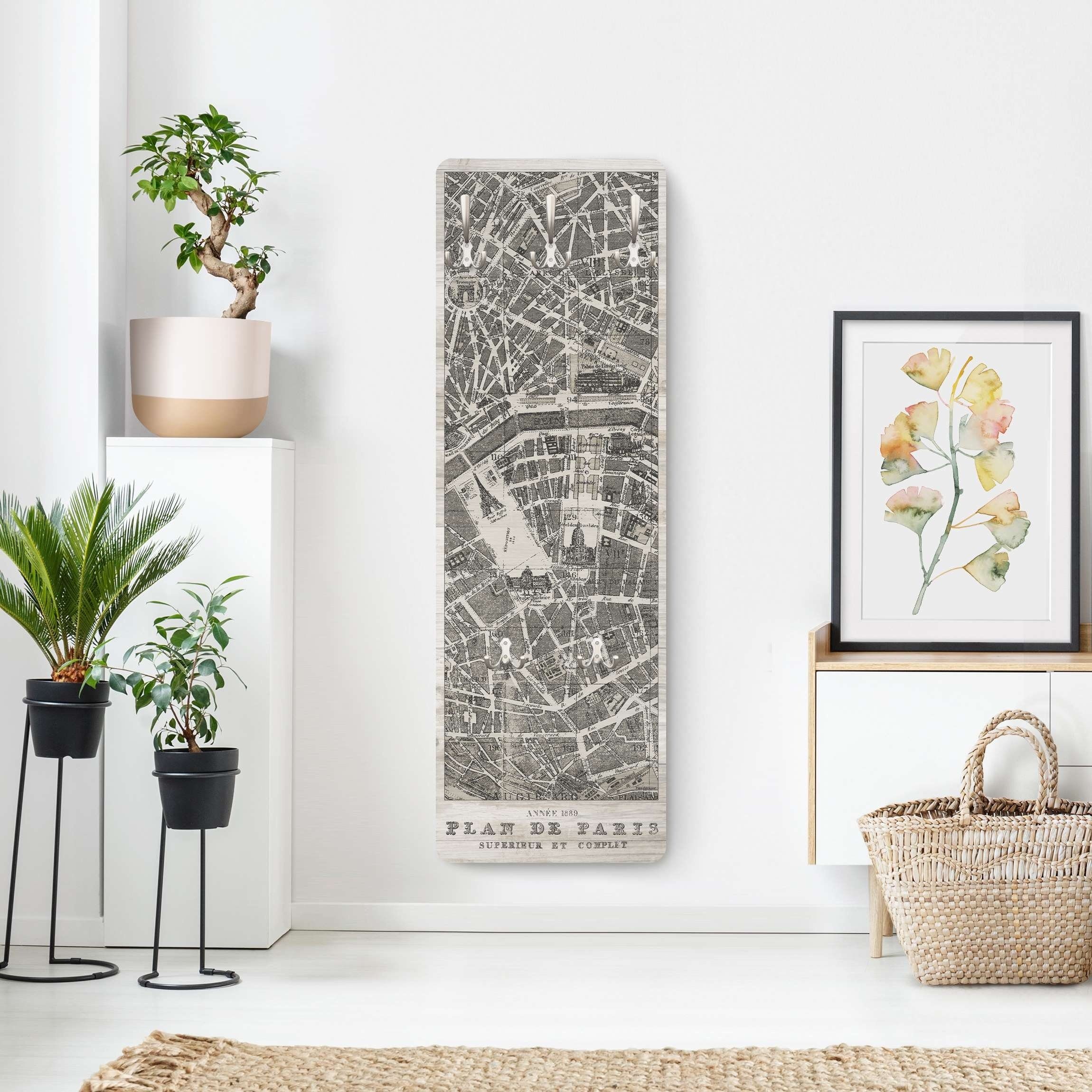 Bilderdepot24 Garderobenpaneel grau Retro Vintage Weltkarte Städte Skyline Plan von Paris Design (ausgefallenes Flur Wandpaneel mit Garderobenhaken Kleiderhaken hängend), moderne Wandgarderobe - Flurgarderobe im schmalen Hakenpaneel Design