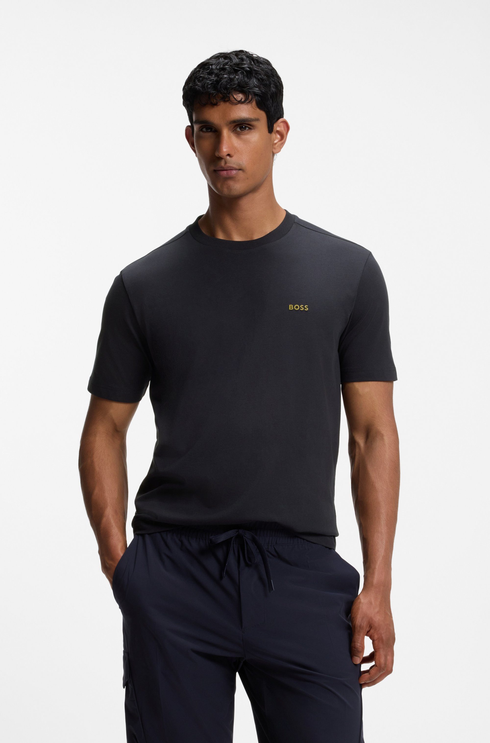BOSS GREEN Rundhalsshirt Tee Regular Fit Stretch Jersey Cotton, Logo on Chest, Rundhals