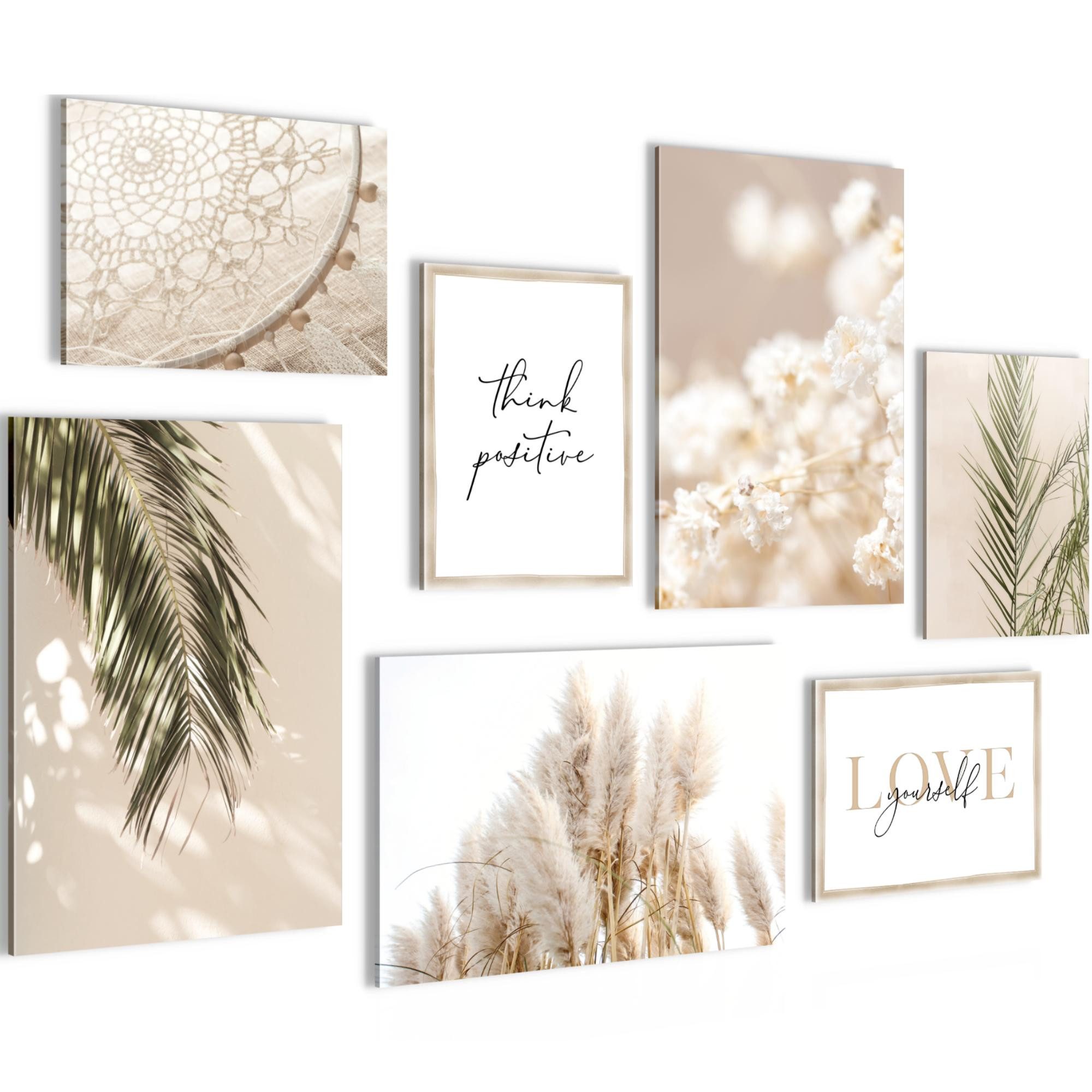 Novart Wandbild Boho Beige Pampas Blätter Natur Wohnzimmer Bilder Set 147x104 cm, Boho (7 St)