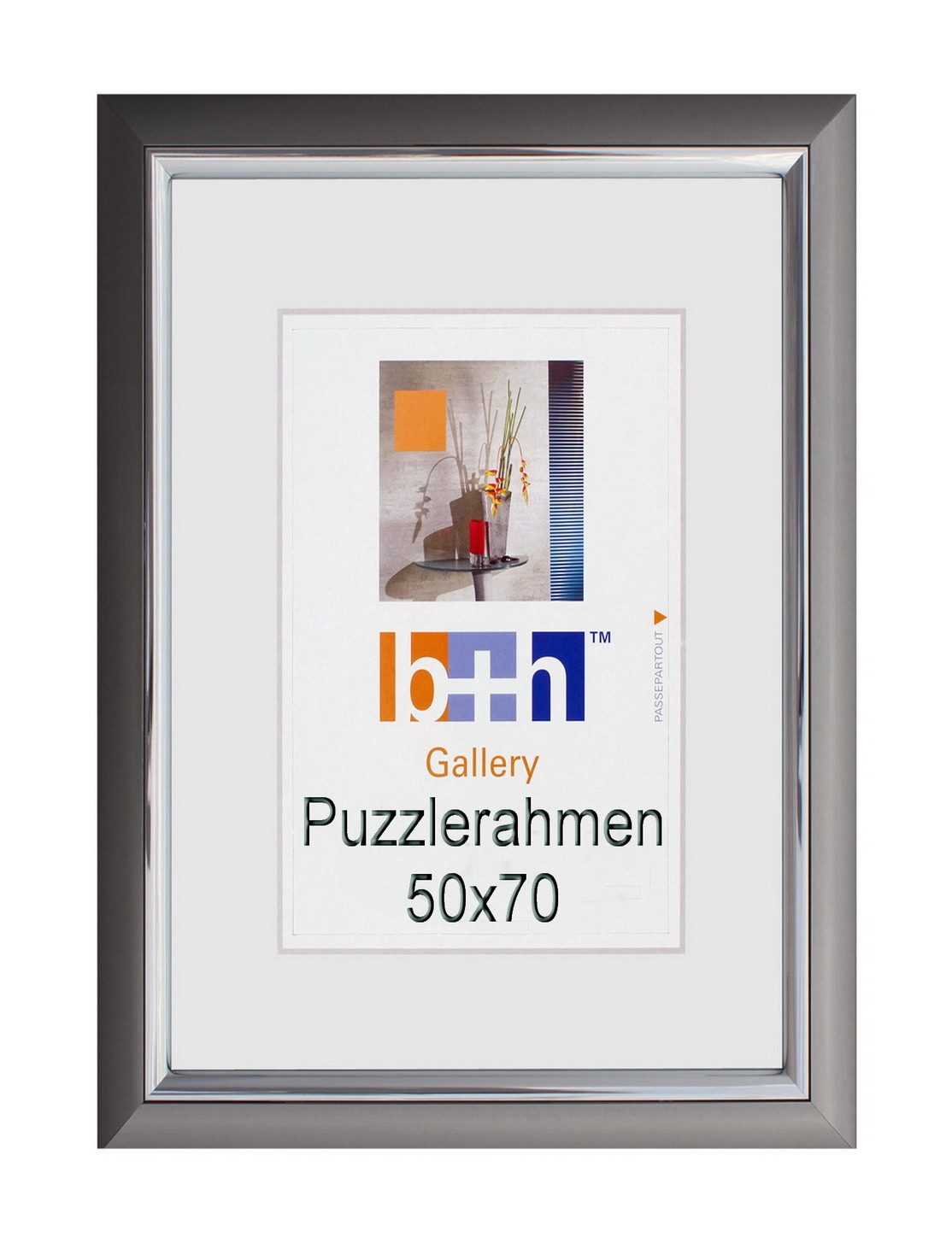Oslo MasterLine Einzelrahmen Bilderrahmen Kunststoff Innenleiste glänzend Echtglas Puzzlerahmen FSC, 50x70 stahl (graphit) - Innenleiste silber glänzend